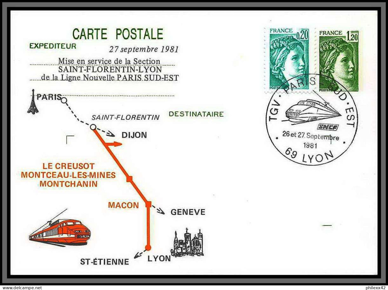 10362 1F20 Vert Sabine Mise En Service De La Ligne Saint Florentin Lyon 1981 Entier Postal Stationery France  - 1970-1979