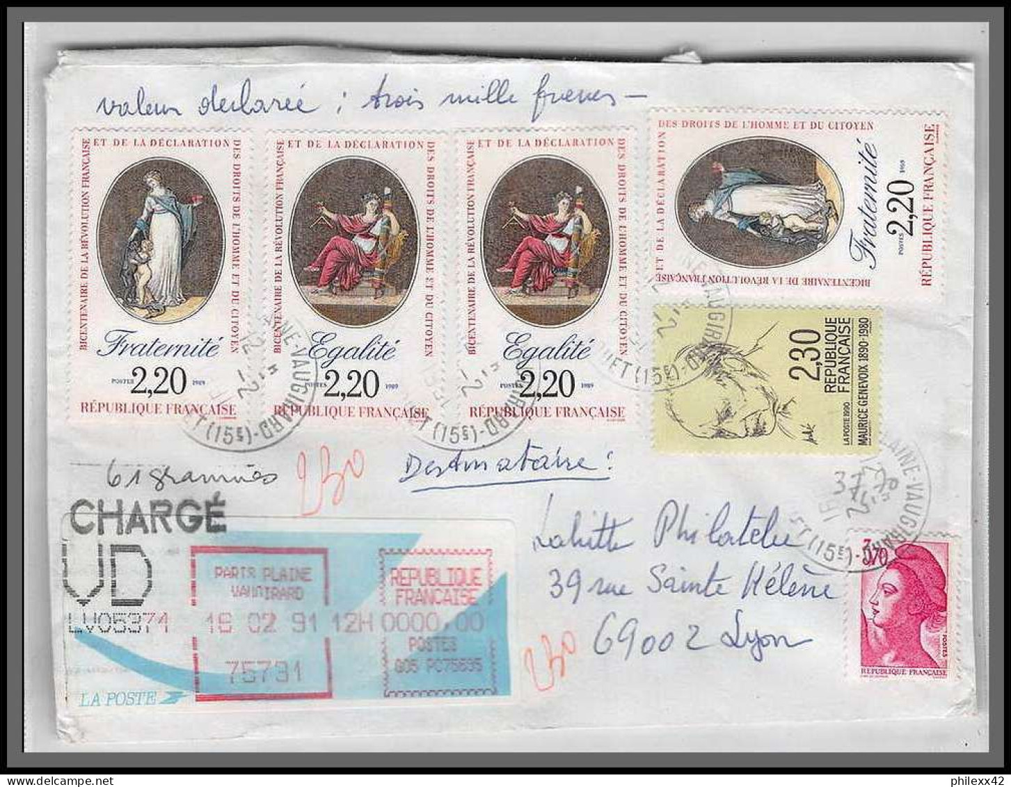 10366 Valeur Déclarée Chargdé 1991 Paris Pour Lyon Affranchissement Bicentenaire Revolution Lettre Cover France  - Storia Postale