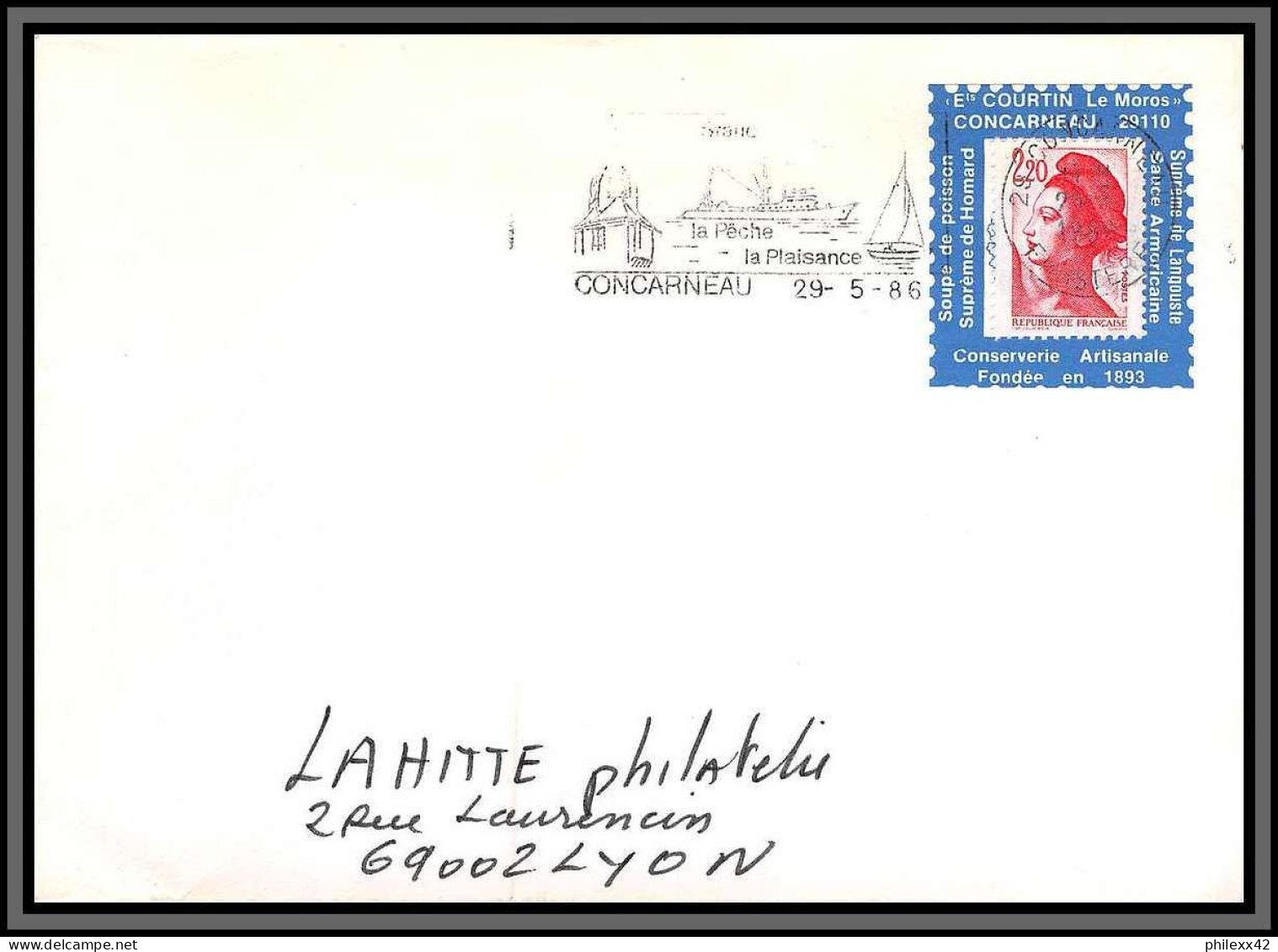 10359 Porte Timbre Concarneau 1986 Pour Lahitte Lyon Lettre Cover France  - Briefe U. Dokumente