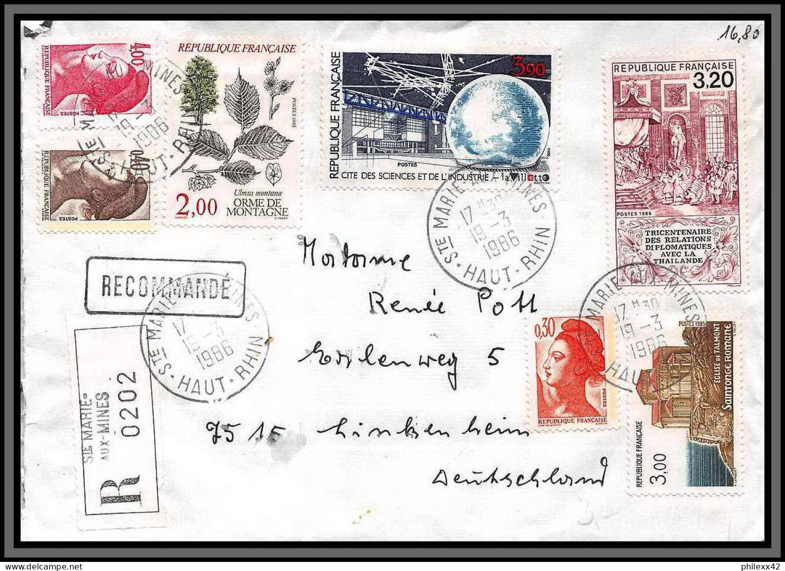 10312 N°2409 Recommandé Bel Affranchissement 7 Timbres 19/3/1986 Marie Aux Mines Haut-Rhin Lettre Cover France  - Storia Postale