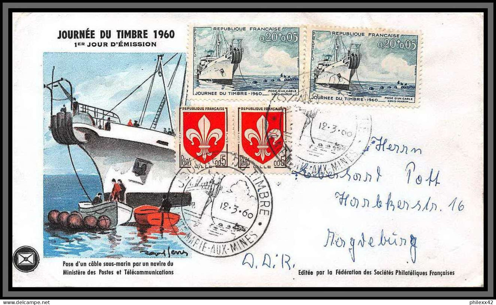 10313 N°1245 Fdc Journée Du Timbre 1960 Navire Cablier Ampere Marie Aux Mines Haut-Rhin Lettre Cover France  - 1960-1969