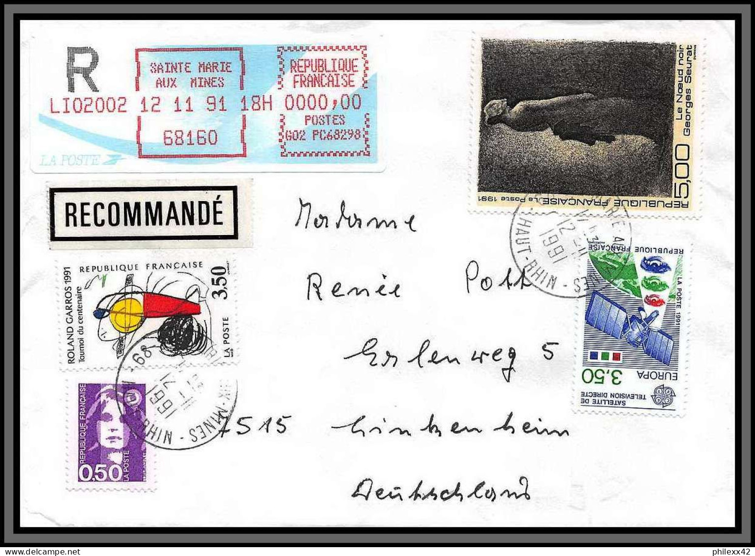 10316 N°2699 Roland Garros Tennis Recommandé  Affranchissement 9 Timbres Marie Aux Mines Haut-Rhin Lettre Cover France - Cartas & Documentos