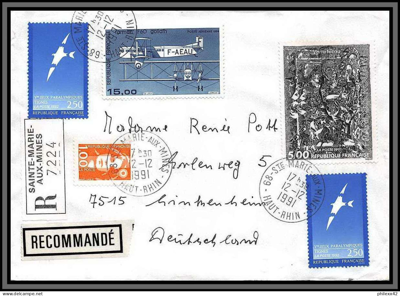 10308 PA 57 Farman Recommandé Sainte Marie Aux Mines Haut-Rhin 12/12/1991 Lettre Cover France  - Brieven En Documenten
