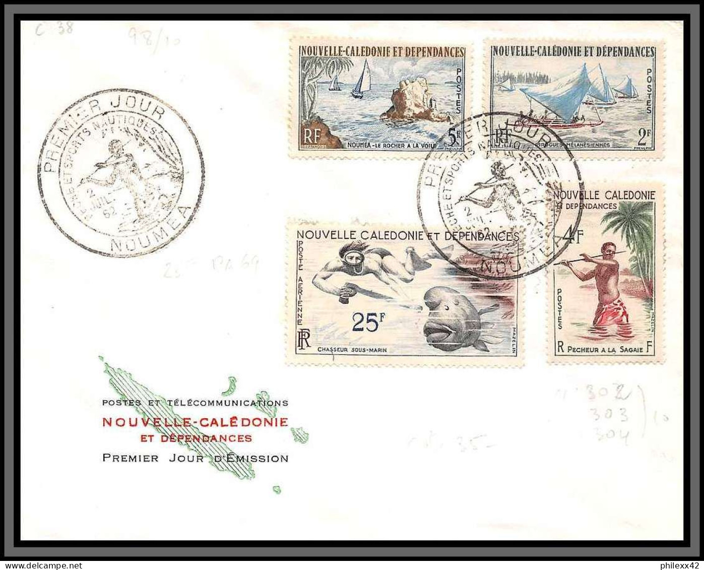 10292 N°3028304 + PA 69 Chasse Sous-marine FDC 2/7/1962 Lettre Cover Nouvelle Caledonie Aviation  - Lettres & Documents