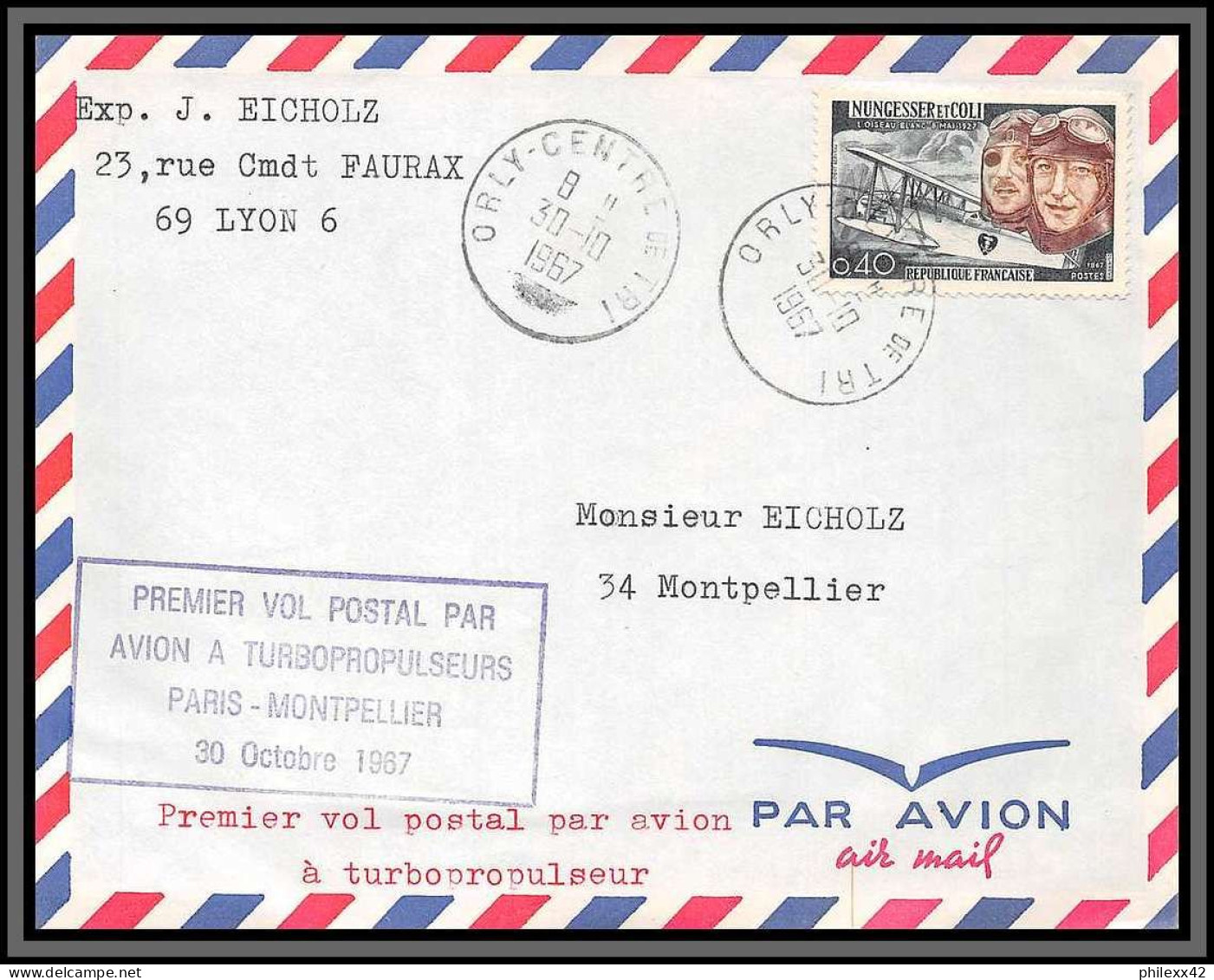 10251 1er Vol Postal Par Avion A Tubopropulseurs Paris Montpellier Orly 30/10/1967 Lettre Cover France Aviation  - Eerste Vluchten