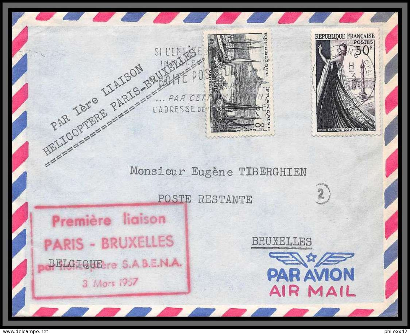 10235 1ère Liaison Lille Bruxelles Par Helicoptère SABANA 3/3/1957 Belgique Lettre Cover France Aviation  - Erst- U. Sonderflugbriefe