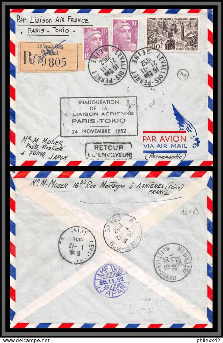 10189 Inauguration De La 1ère Liaison Aerienne Paris Tokio Tokyo Japan 21/11/1952 Lettre Cover France Aviation  - Erst- U. Sonderflugbriefe