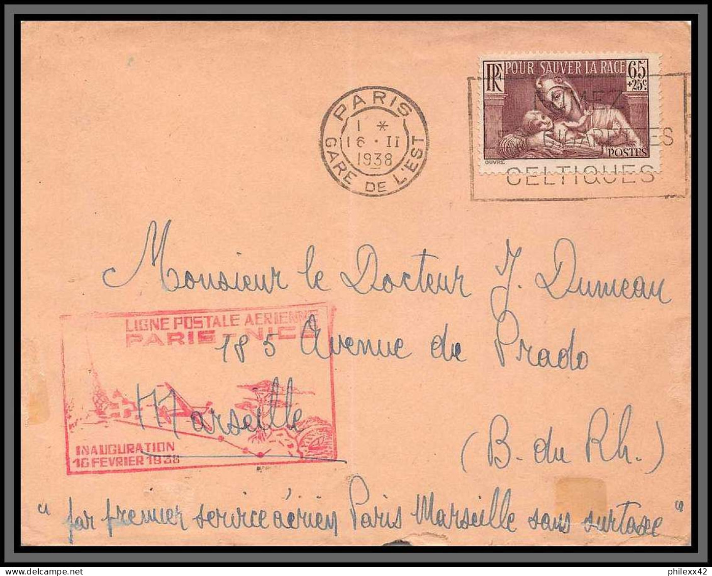 10137 N°356 1ère Liaison Postale Aerienne Paris Nice 16/11/1938 Pour Marseille Lettre Cover France Aviation  - Premiers Vols