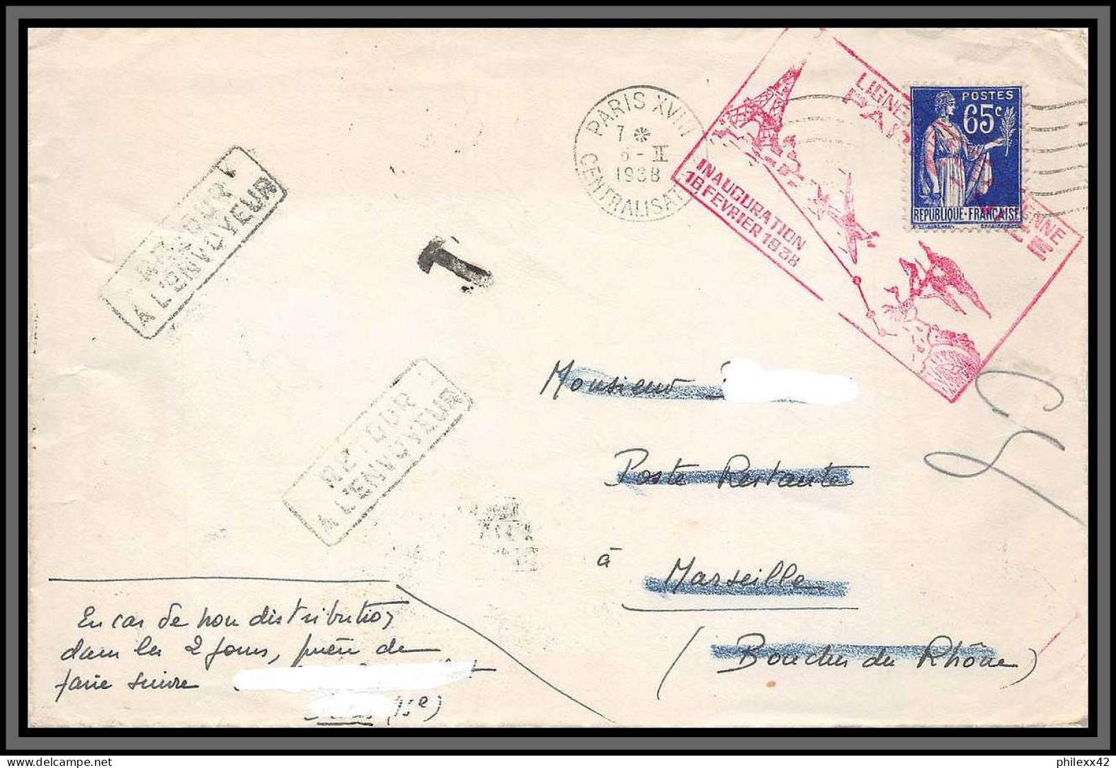 10141 Inauguration De La Ligne Aérienne Paris Nice 16/2/1938 Pour Marseille Lettre Cover France Aviation  - First Flight Covers