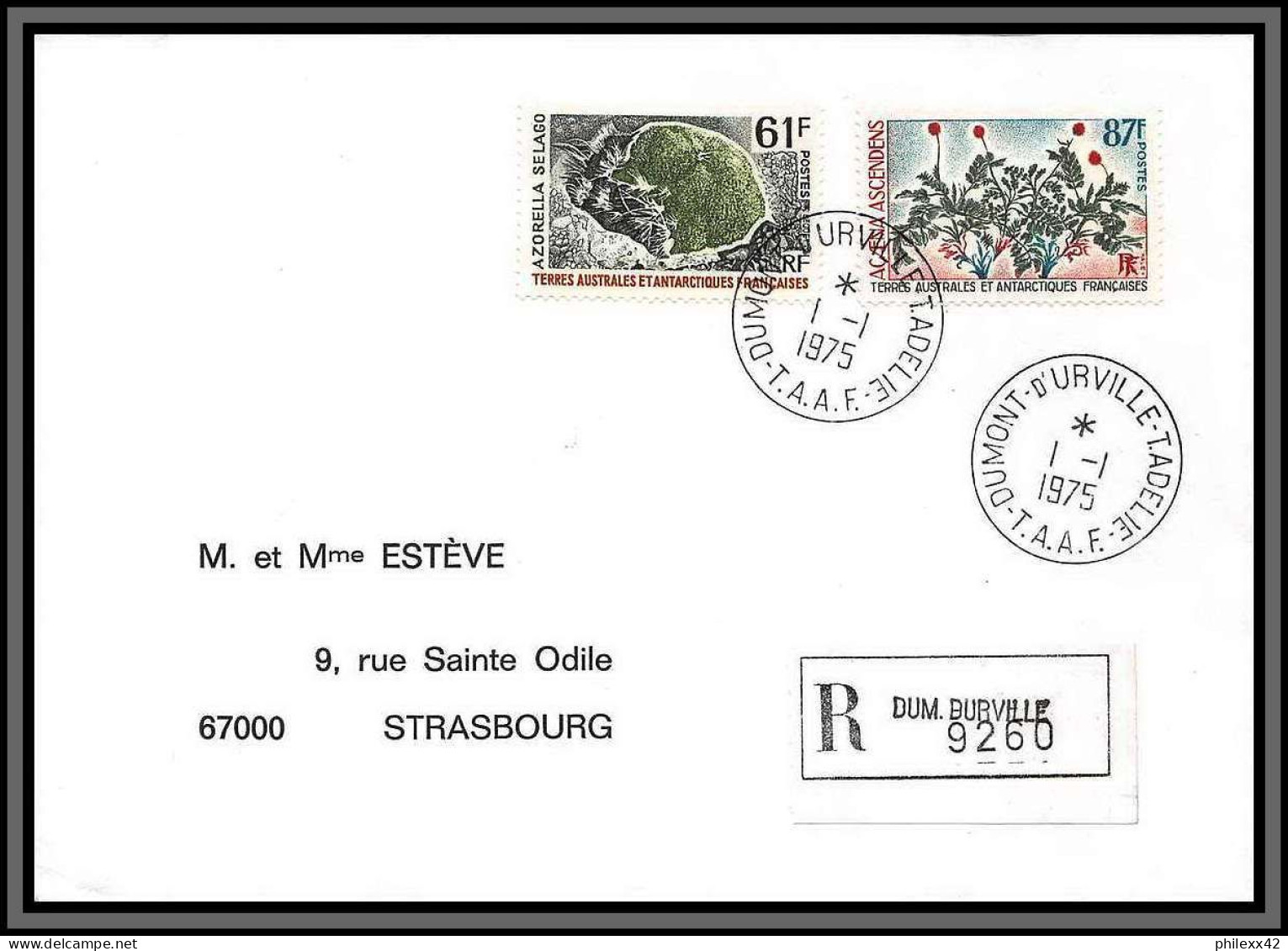 10101 N°52/53 FLORE Dumont D'urville 1/1/1975 Recommandé Lettre Cover Terres Australes Taaf  - Covers & Documents