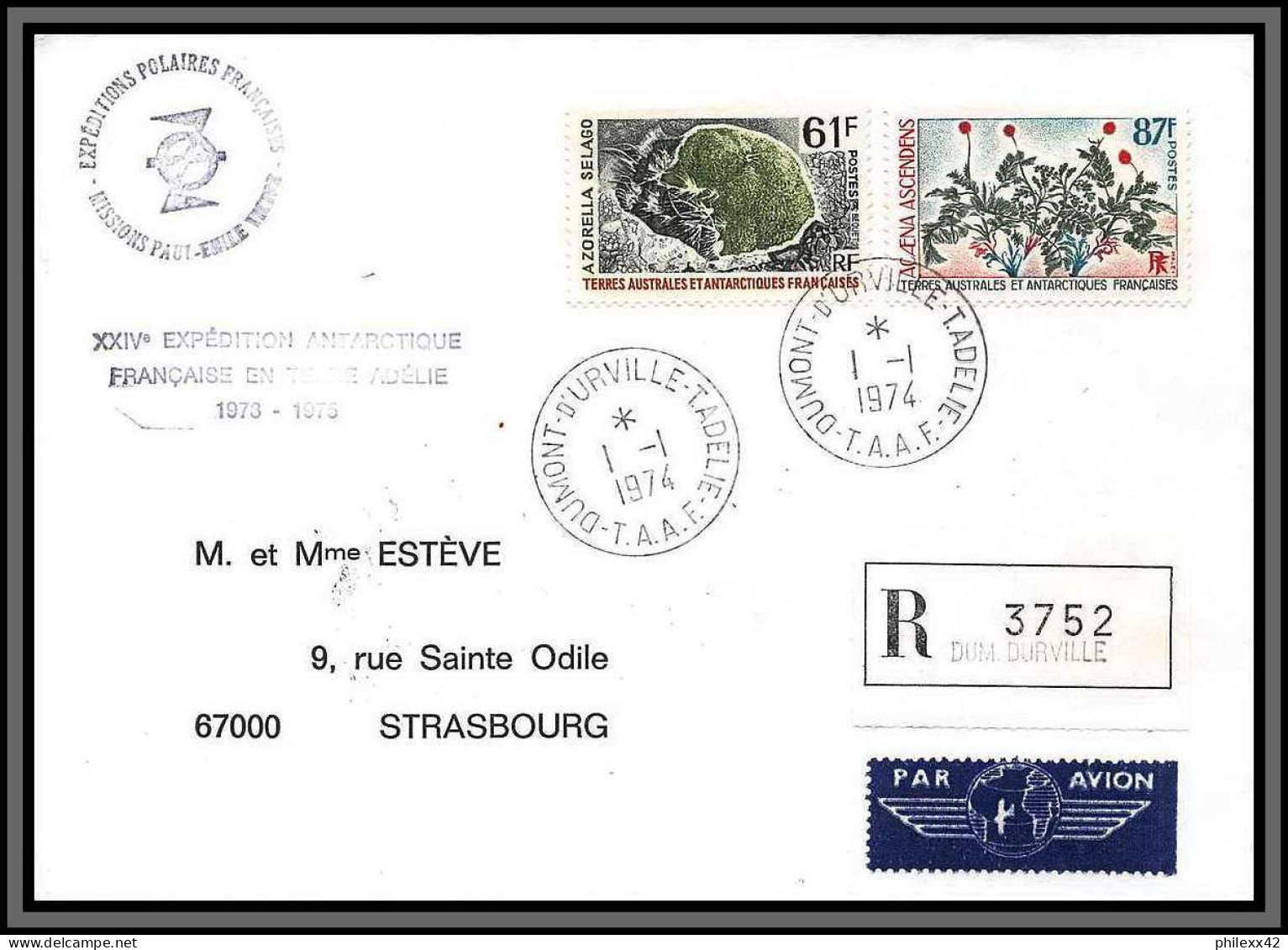 10098 N°52/53 FLORE 24ème Expedition Dumont D'urville Adelie Fdc 1/1/1974 Recommandé Par Avion Lettre Cover TAAF - Lettres & Documents