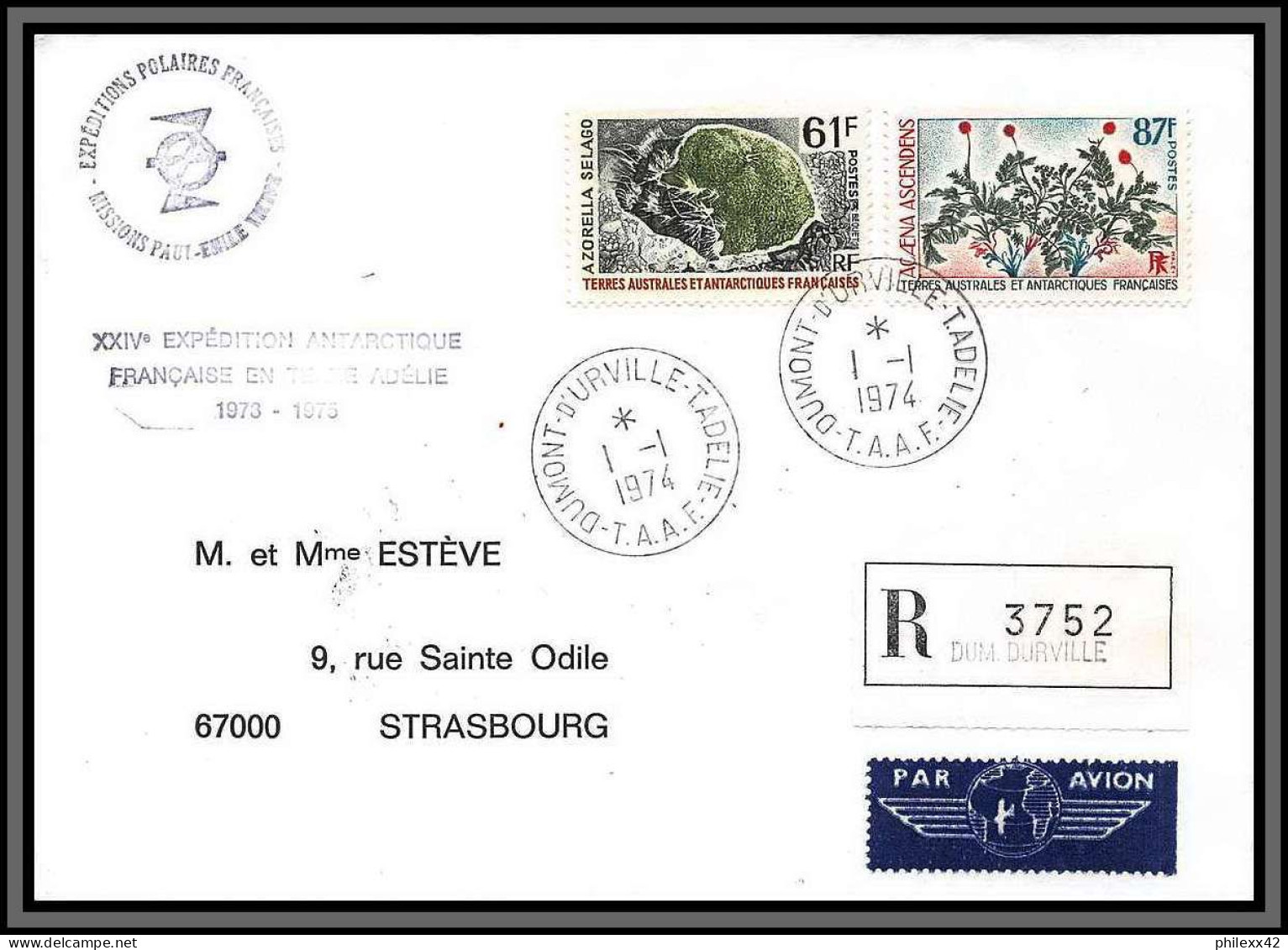 10098 N°52/53 FLORE 24ème Expedition Dumont D'urville Adelie Fdc 1/1/1974 Recommandé Par Avion Lettre Cover TAAF - Briefe U. Dokumente