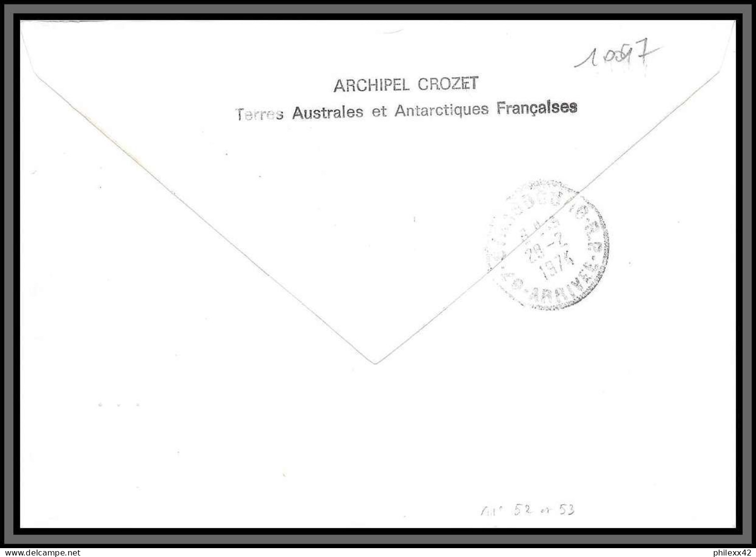 10097 N°52/53 FLORE Alfred Faure Archipel Des Crozets 7/1/1974 Recommandé Par Avion Lettre Cover Terres Australes Taaf  - Lettres & Documents