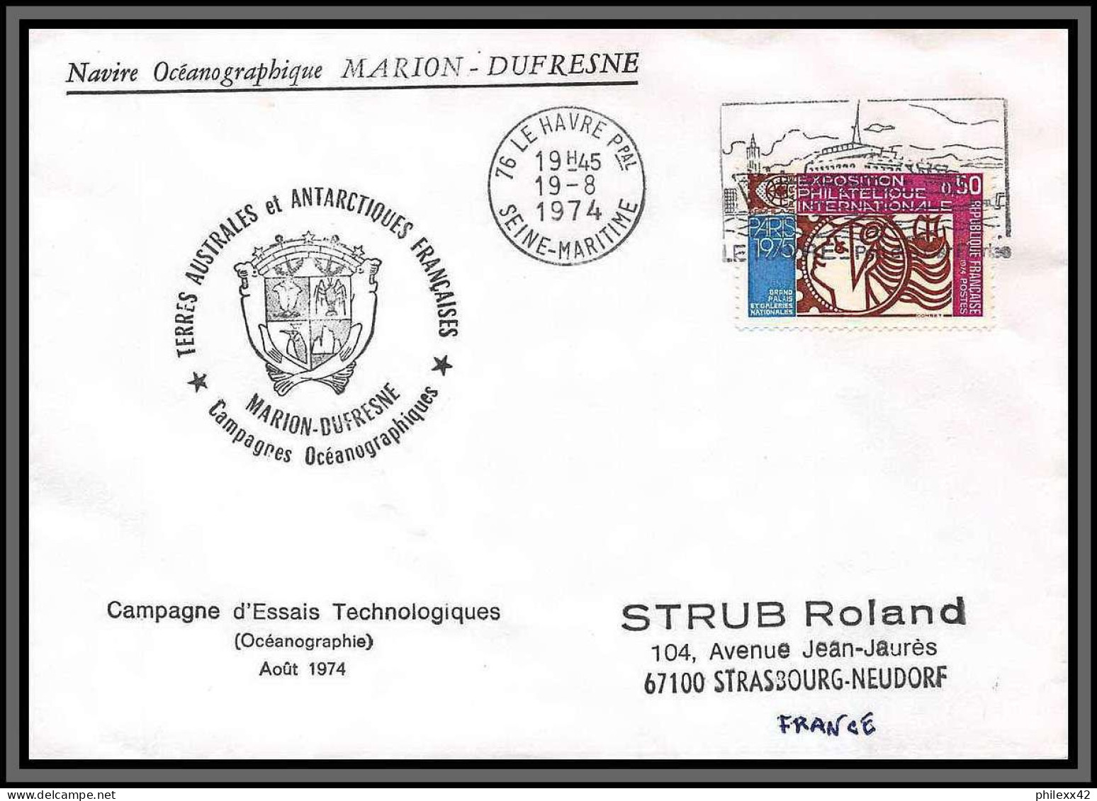 10109 Navire Oceanographique Marion Dufresne 19/8/1974 Lettre Cover Terres Australes Taaf  - Lettres & Documents