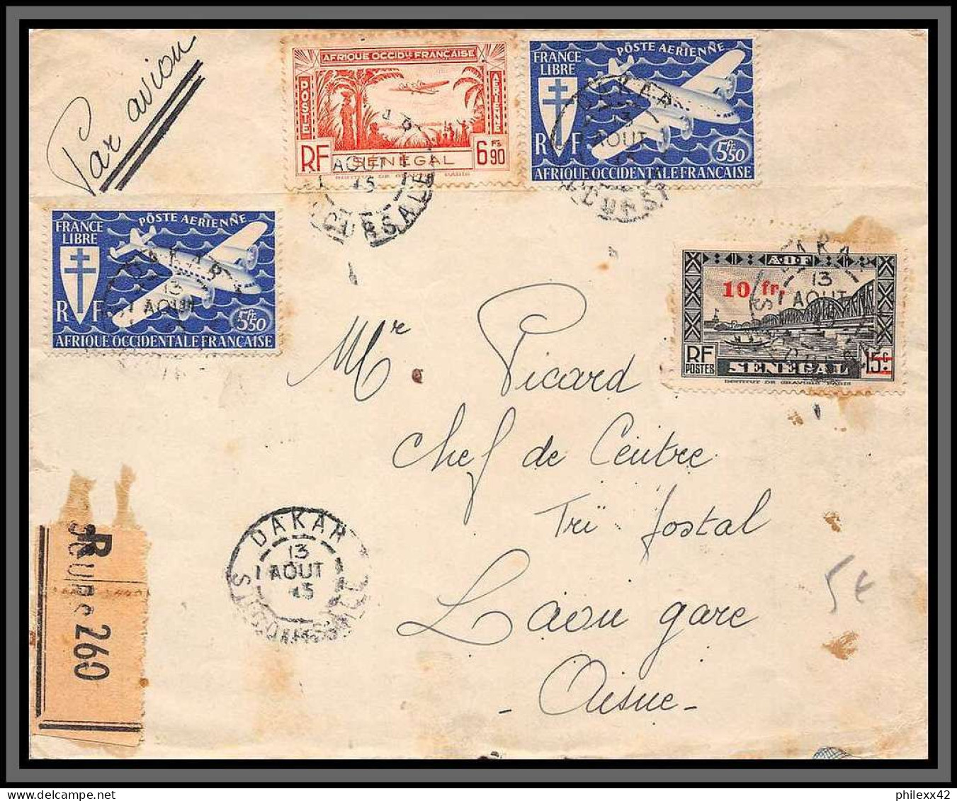 10045 Gosset Radio Dgsr DAKAR 13/8/1945 Sénégal POUR LAON SAINE Lettre Cover Sénégal Afrique Occidentale AOF Par Avion - Briefe U. Dokumente