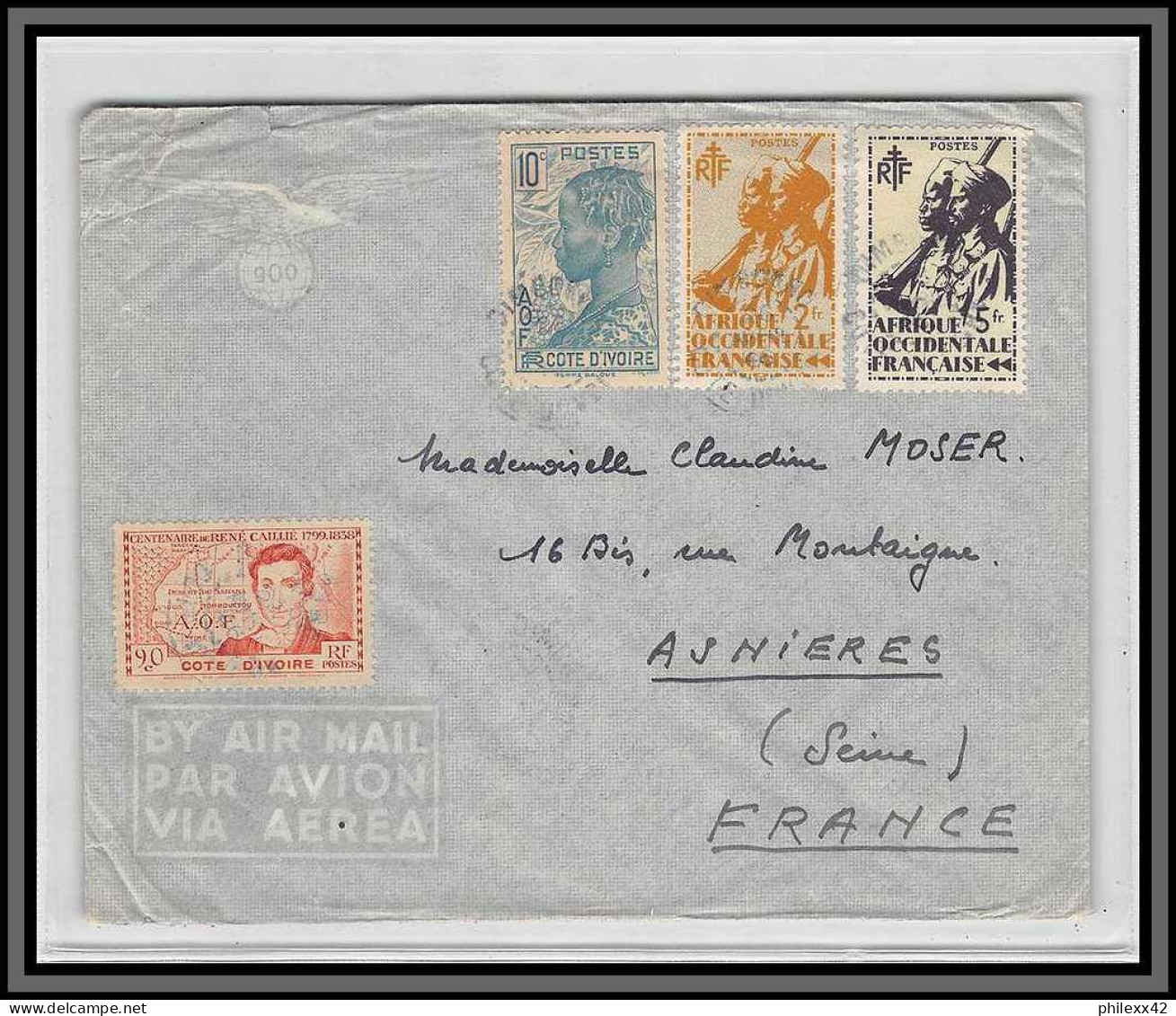 10042 Cachet Bleu Cote D'voire Non Lisible Bel Affranchissement Composé Lettre Cover Afrique Occidentale AOF Par Avion - Covers & Documents