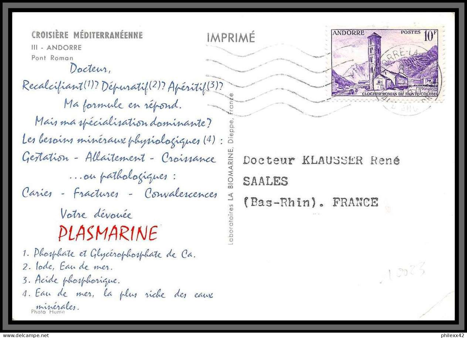 10023 N°144 Seul Sur Carte Postale Publicitaire Plasmarine Pour Saales Bas Rhin Postcard Andorre Croisière Carte - Storia Postale