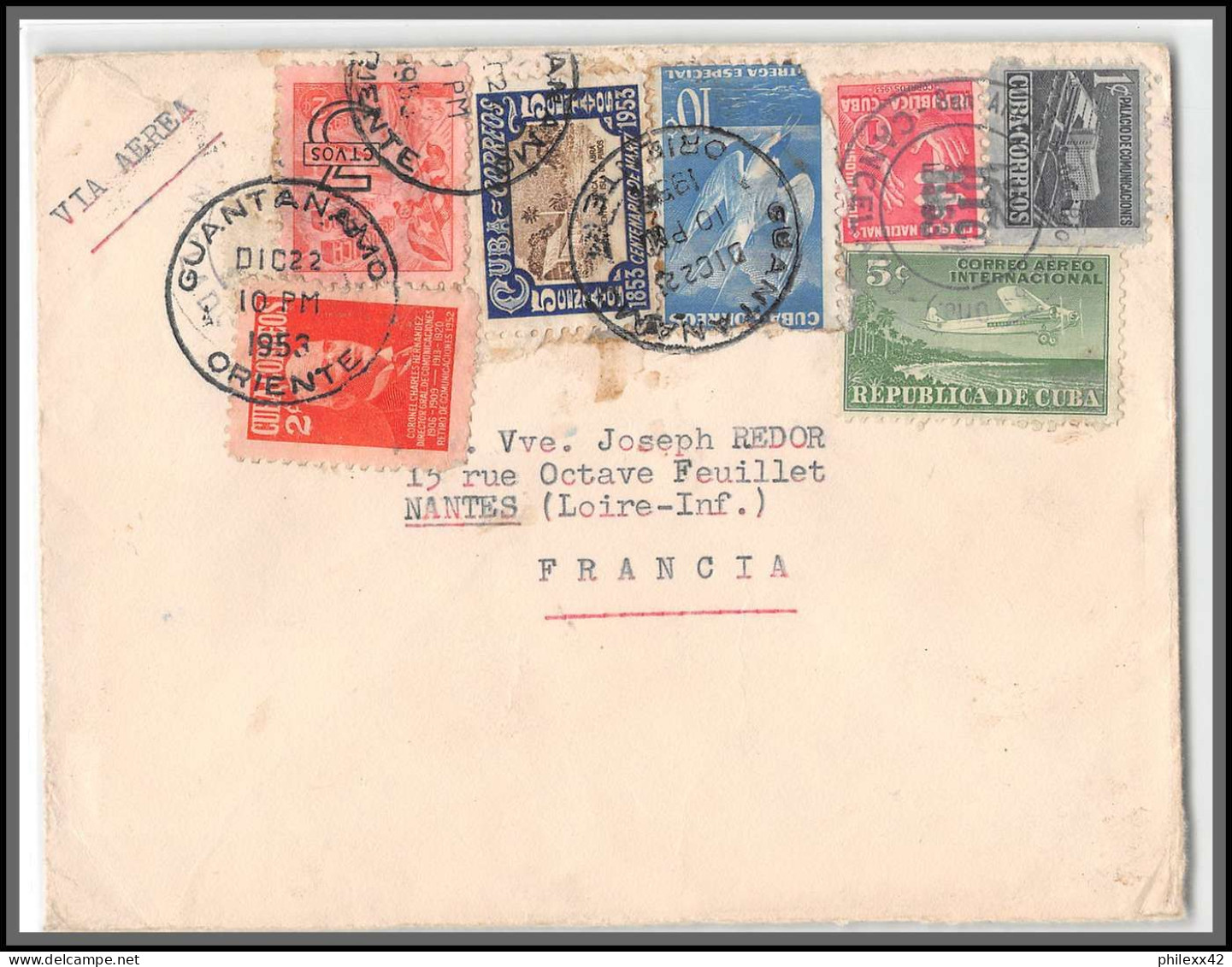 11979 Guantanamo Via Aerea 1953 Pour Nantes Lettre Cover Cuba  - Lettres & Documents