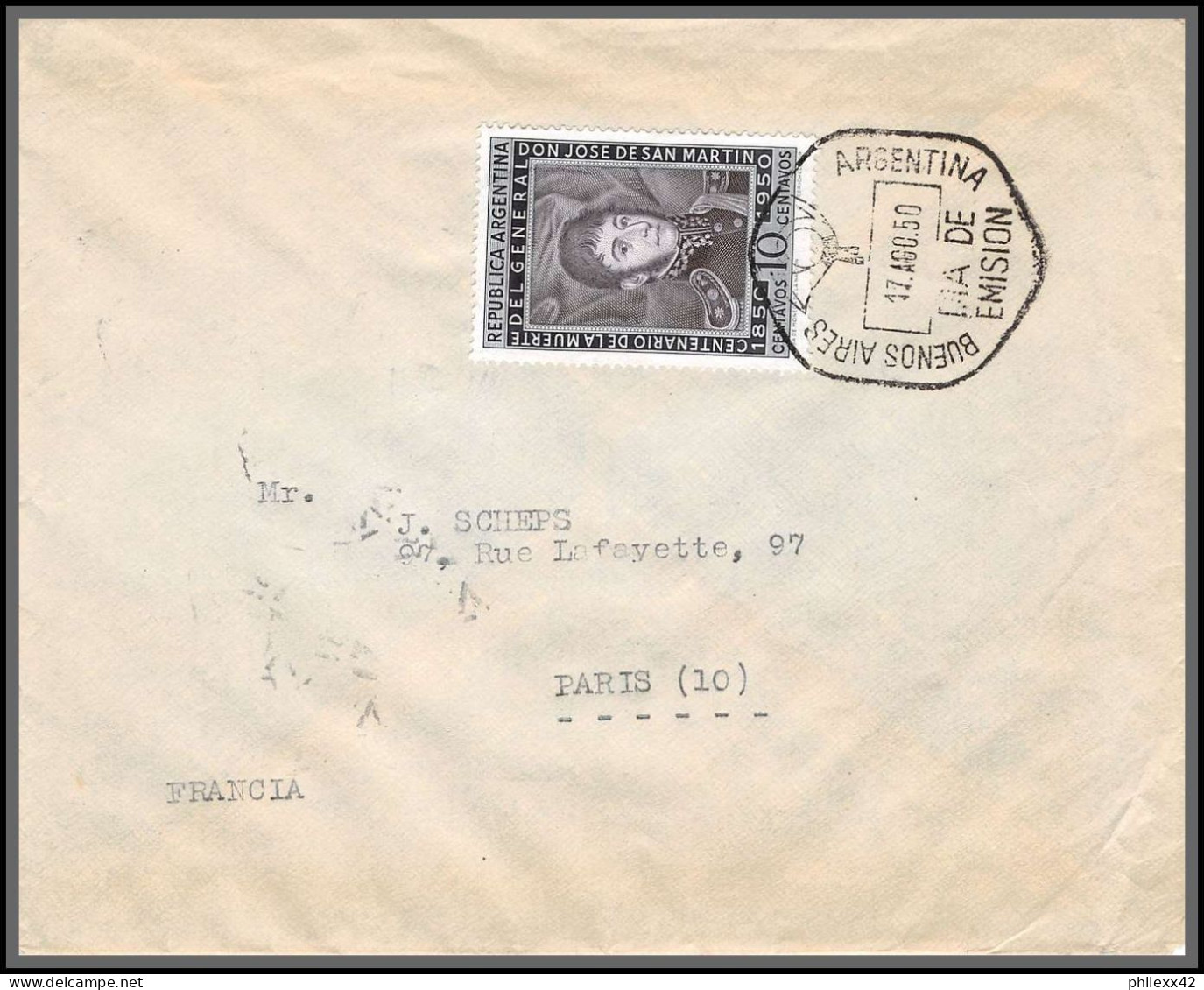 11962 Yvert N°503 Centenario Muerte General San Martin Fdc 17/8/1950 Lettre Cover Argentine Argentina  - FDC