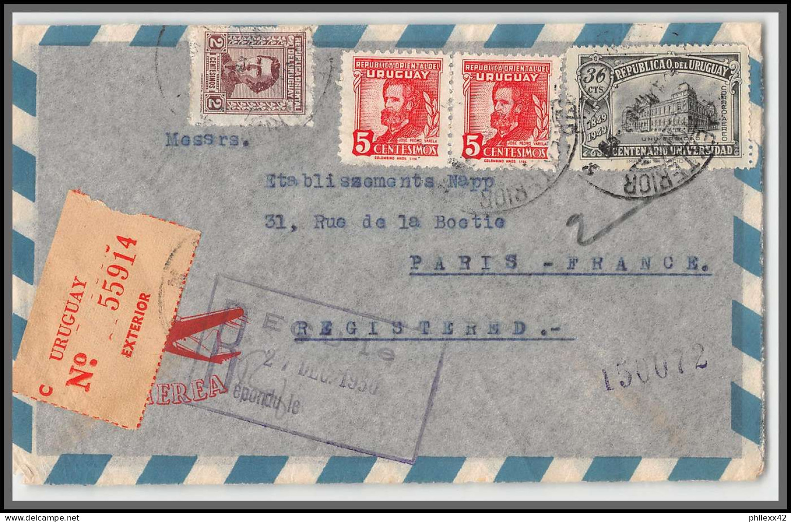 11987 Registered 1950 Pour Paris Lettre Cover Uruguay  - Uruguay
