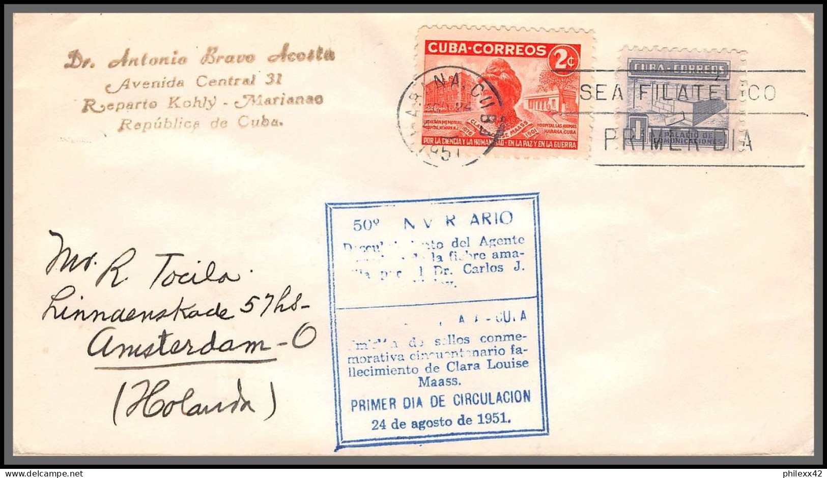 11975 50 Anniversario 24/8/1951 Primer Dia De Circulacion Fdc Lettre Cover Cuba  - FDC