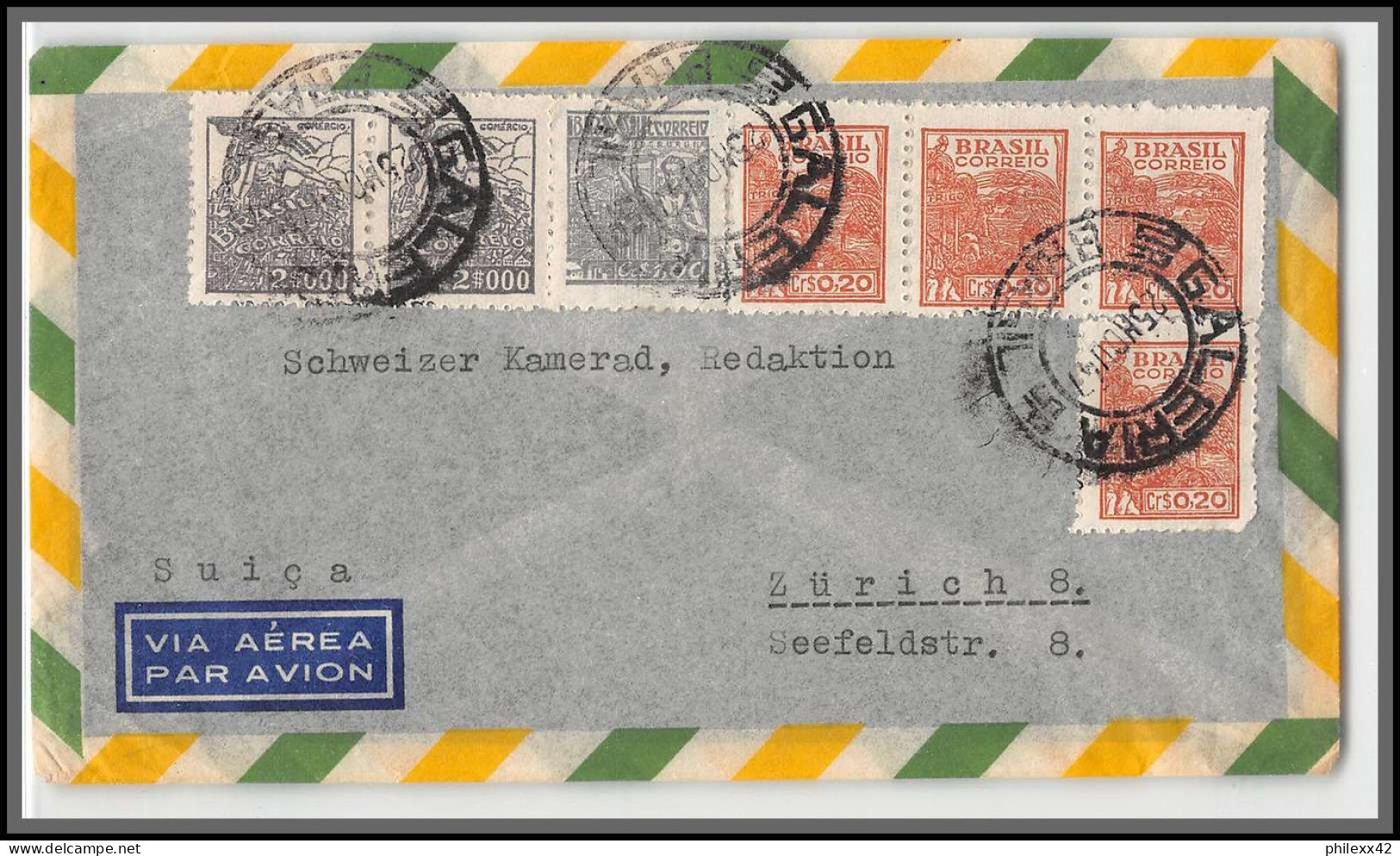 11974 Par Avion 1947 Pour Zurich Suisse Lettre Cover Bresil Brazil  - Covers & Documents