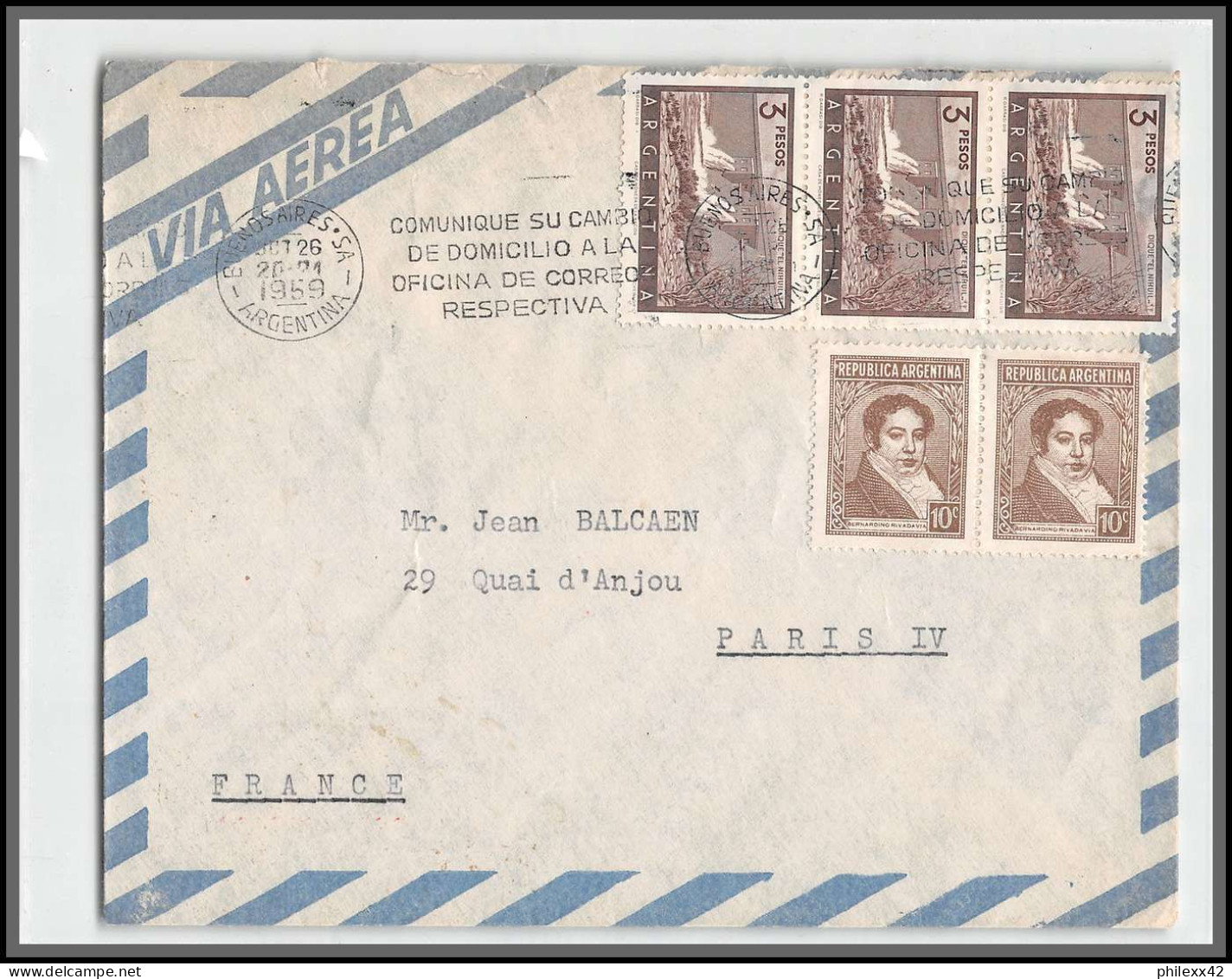 11963 VIA AEREA BUENOS AIRES PARIS 1959 Lettre Cover Argentine Argentina  - Covers & Documents