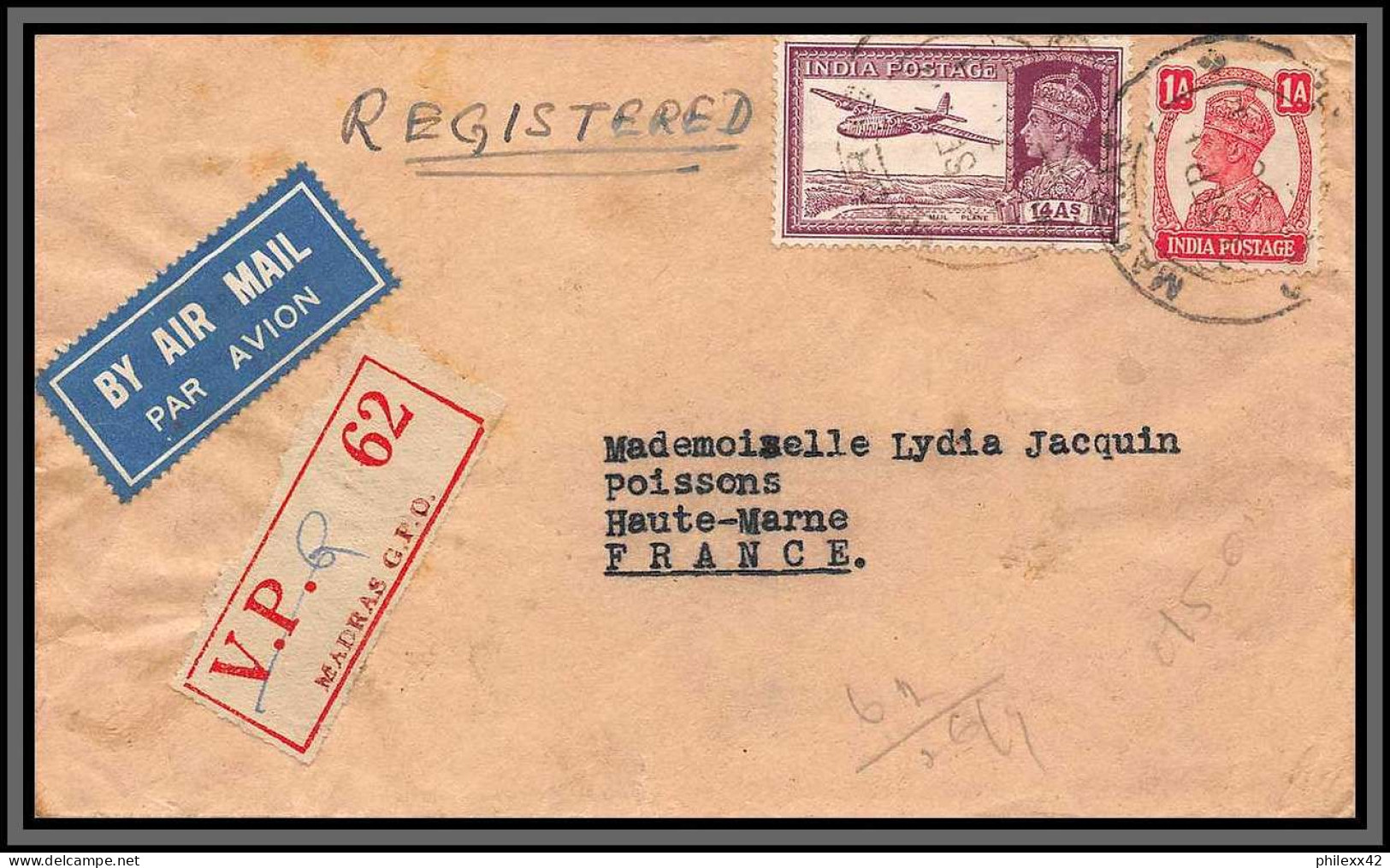 11937 MADRAS Recommandé Pour HAUTE MARNE PAR AVION 1947 Lettre Cover Inde India  - Cartas & Documentos