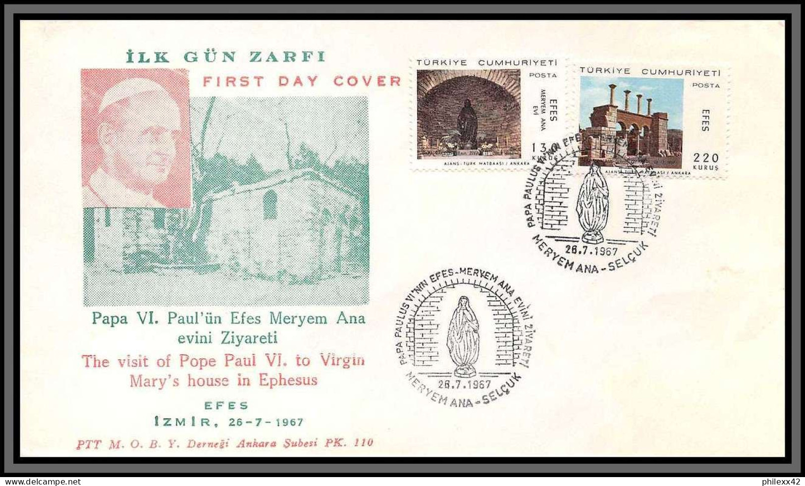 11931 Papa Pal 6 Pope Pape 26/7/1967 Efes Izmir Fdc Lettre Cover Turquie Turkey  - FDC