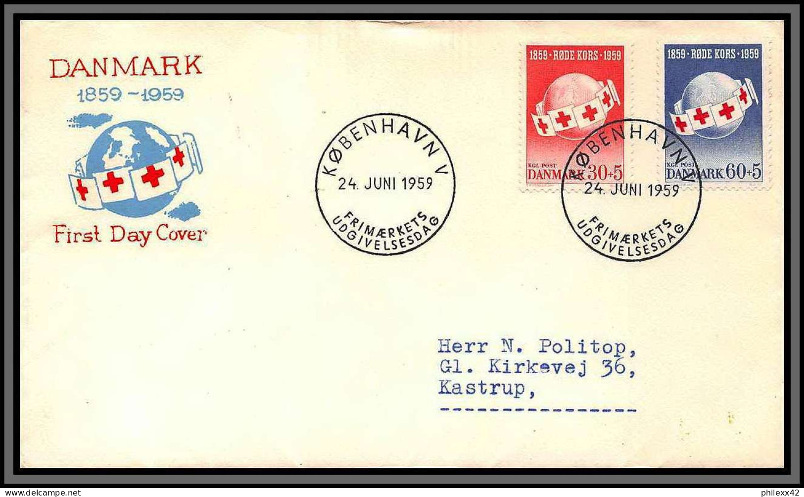 11878 N°383/384 Croix Rouge Red Cross  24/6/1959 Fdc Lettre Cover Bid,1.75 Denmark  - FDC