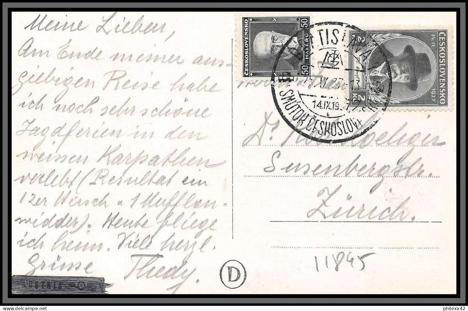 11895 Bratislava 25/9/1937 Pour Zurich Suisse Carte Postale Postcard 3184 Wien Ceskoslovensko Tchécoslovaquie  - Lettres & Documents