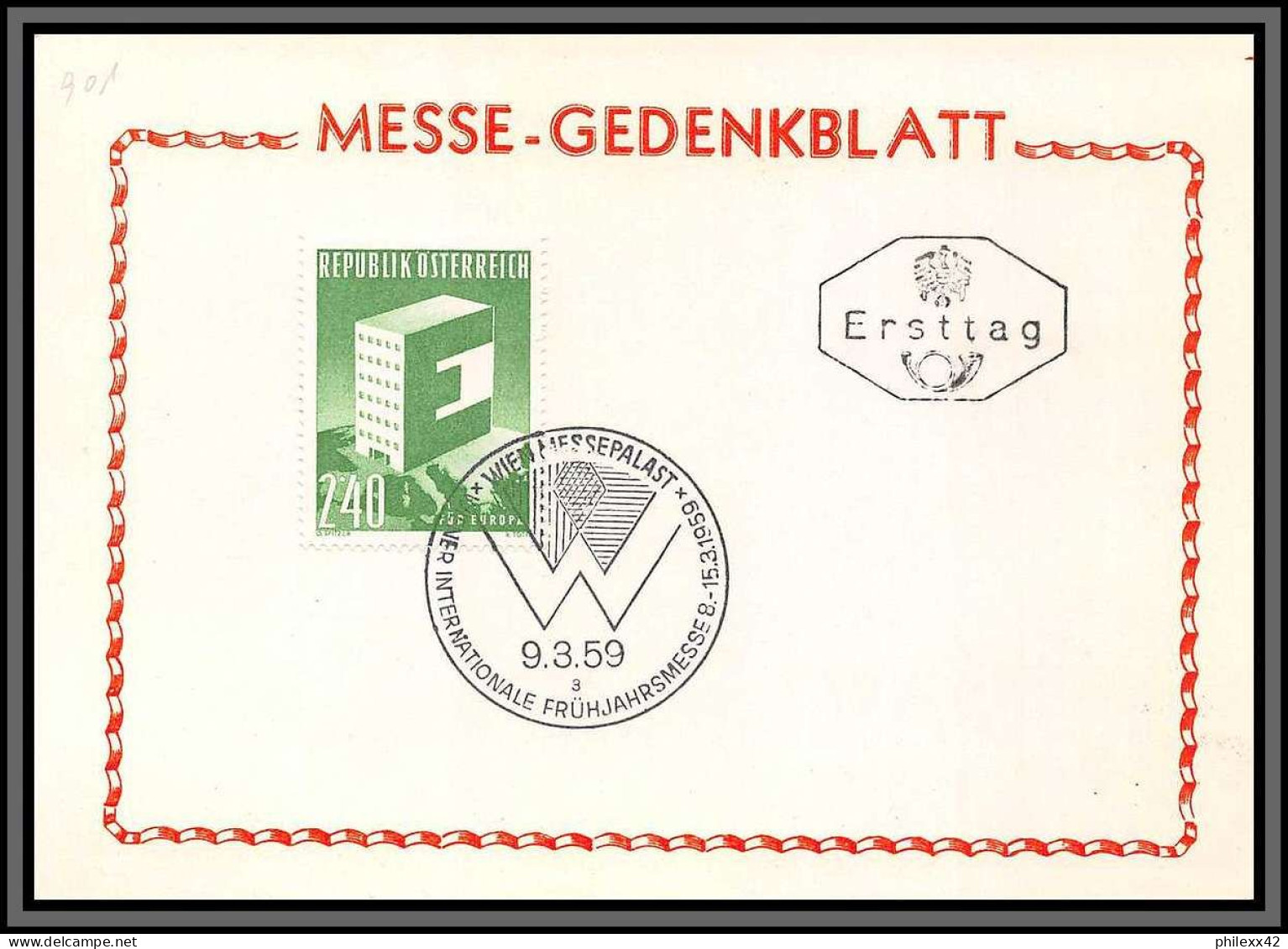 11806 N°901 Europa 3/9/1959 FDC Carte Postcard Messe Gedenkblatt Autriche Osterreich Austria  - FDC
