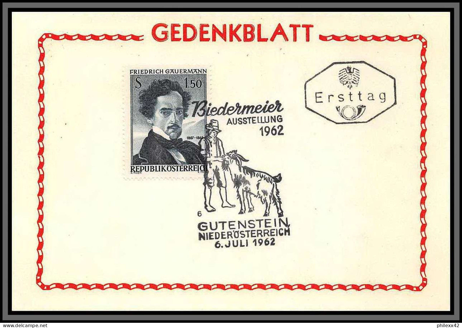 11797 N°949 Gauermann Tableau (Painting) 6/7/1962 Fdc Carte Postcard Messe Gedenkblatt Autriche Osterreich Austria  - FDC