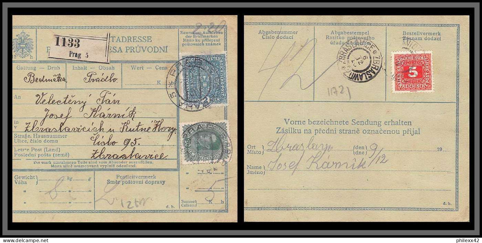 11721 Prag Praha 1918  Bulletin De Colis Postal Empire Austro Hongrois Austria Austro-Hungarian Empire  - Brieven En Documenten