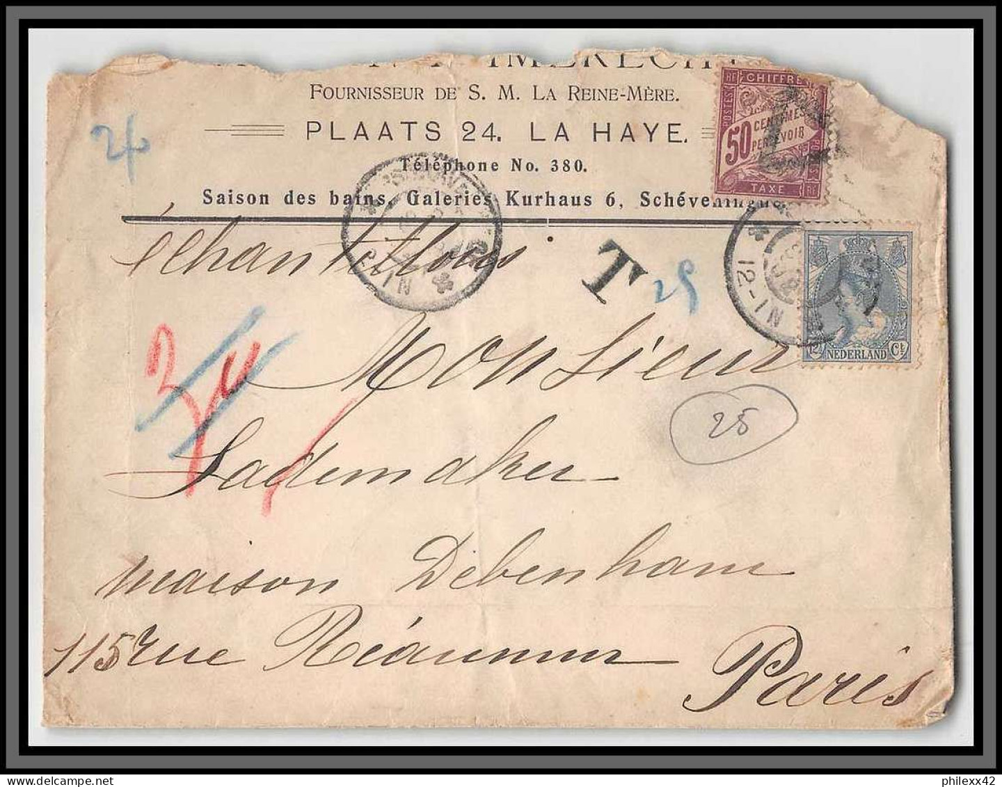 11700 Taxé N°37 50c La Haye 1902 ? Pour Paris Lettre Cover Pays Bas Nederland  - Covers & Documents