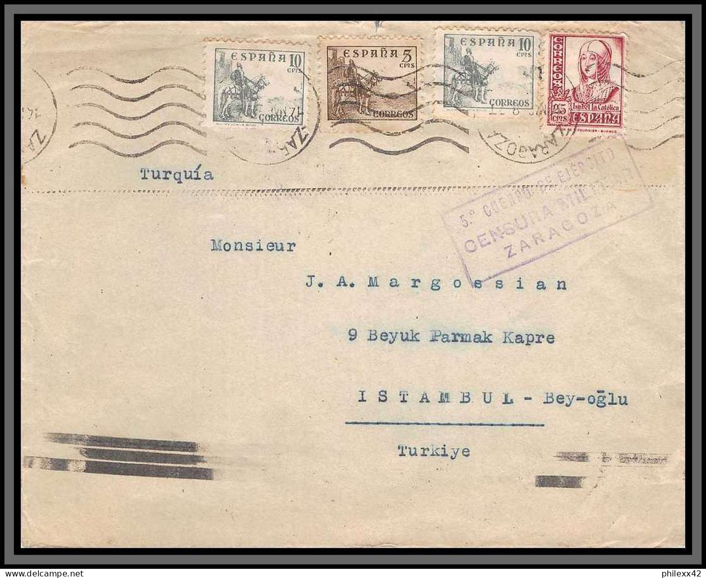 11710 Censure Cenzura Saragozza 1938 Pout Sitambul Turquie Turkey Lettre Cover Espagne Espana  - Covers & Documents