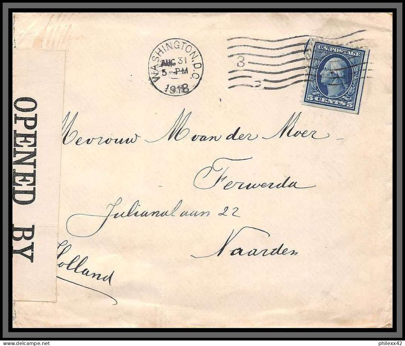 11540 Censure Censor 4708 Washington 1918 Naarden Holand Nederland Lettre Cover Usa états Unis  - Brieven En Documenten