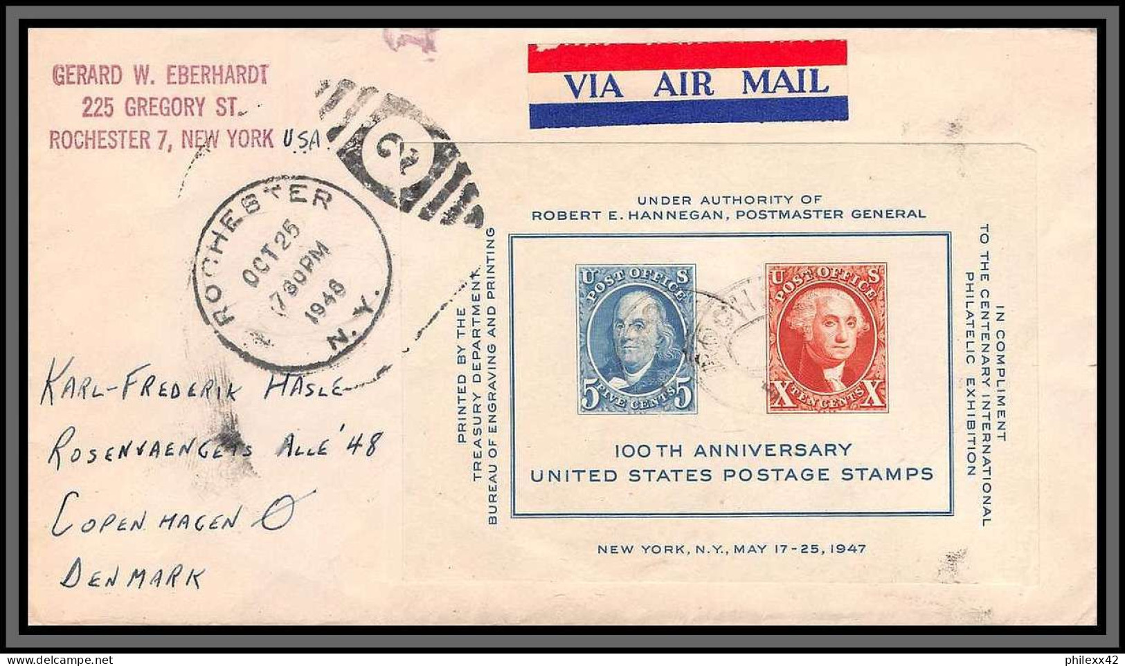 11537 Bloc 947 Stamp Exhibition New York Rochester 1948 Openhagen Denmark Lettre Cover Usa états Unis  - Lettres & Documents