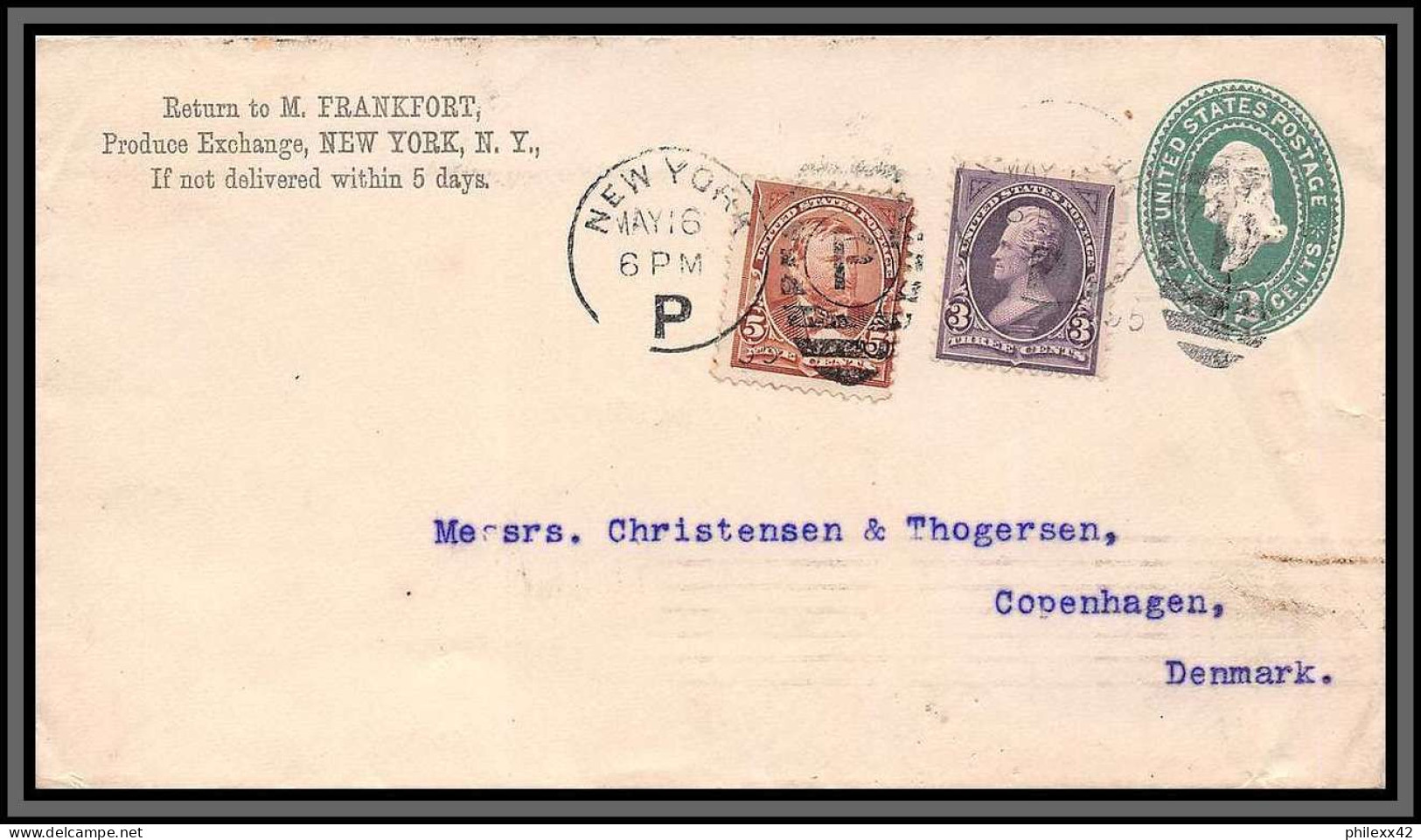 11534 2c Vert + Complément New York Copenhagen Denmark 1895 Entier Stationery Enveloppe Usa états Unis  - ...-1900