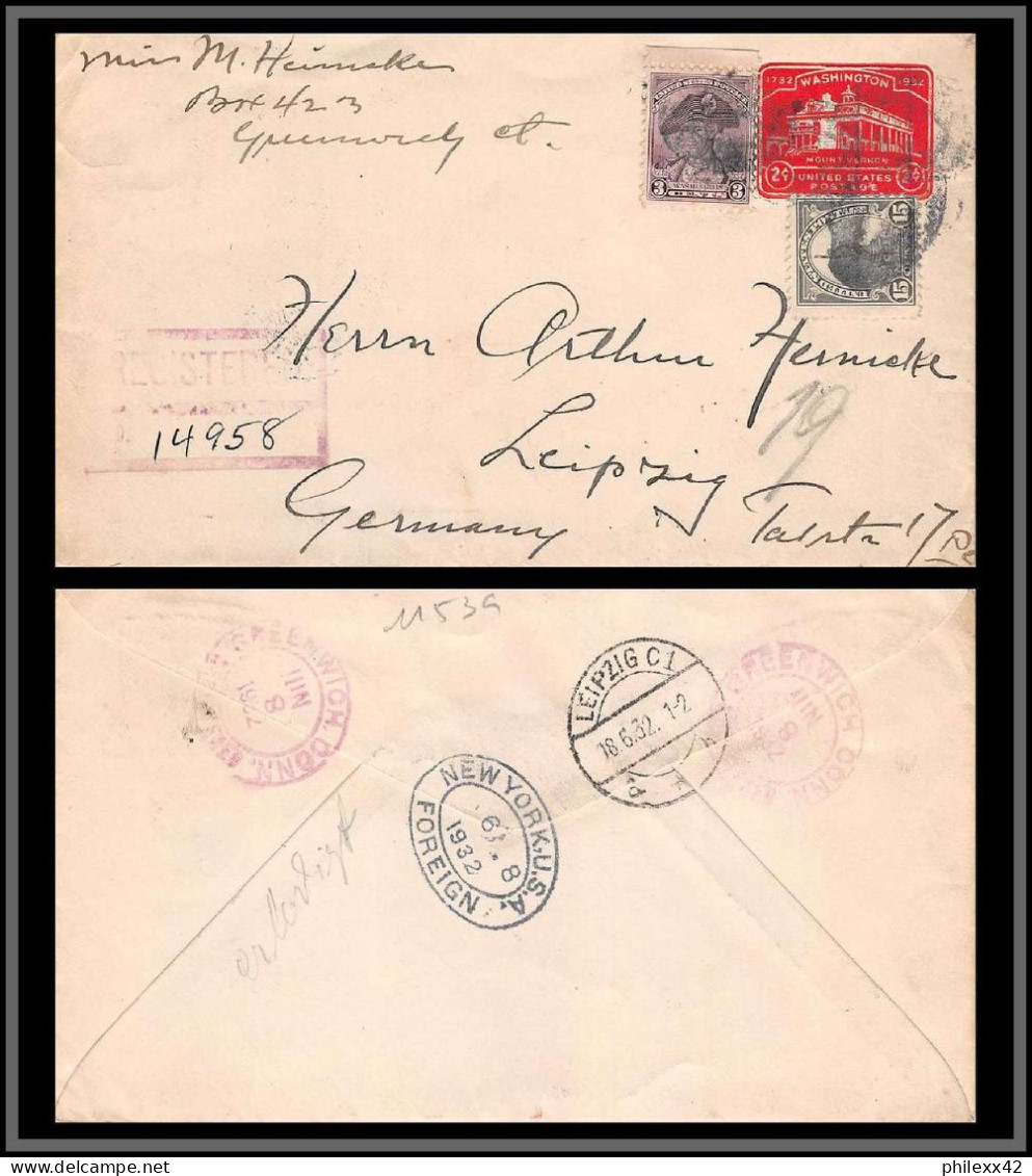11539 2c Washington Registered Pour Leipzig 1932 Entier Stationery Enveloppe Usa états Unis  - Cartas & Documentos
