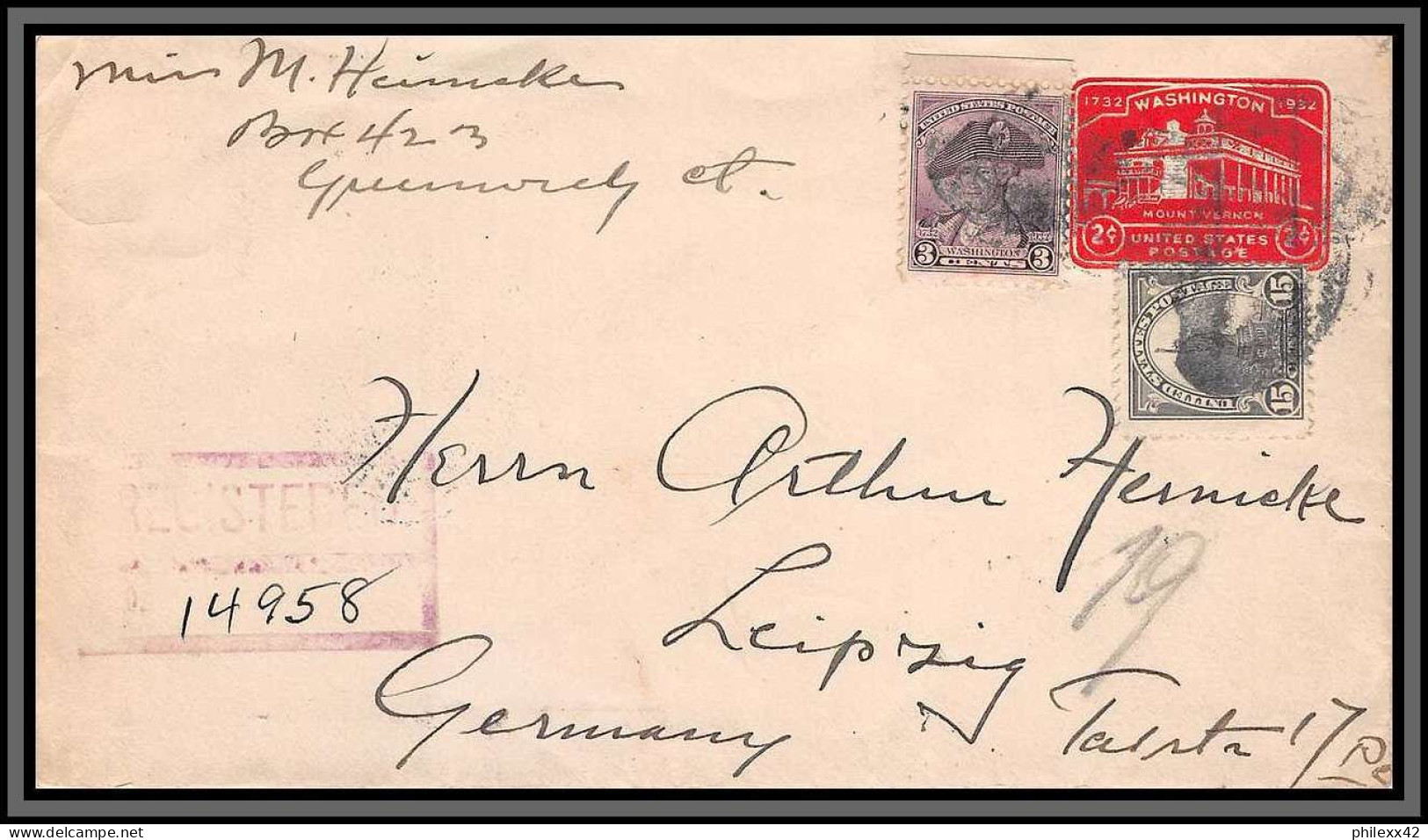 11539 2c Washington Registered Pour Leipzig 1932 Entier Stationery Enveloppe Usa états Unis  - Storia Postale
