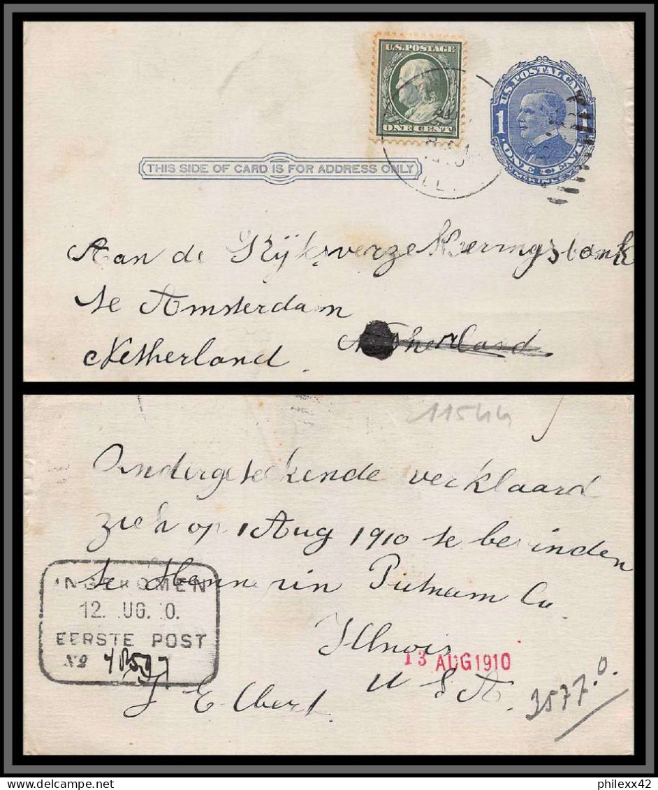 11544 Mc Kinley 1c + Complément 1910 Amsterdam Nederland Entier Stationery Carte Postale Postcard Usa états Unis  - Lettres & Documents