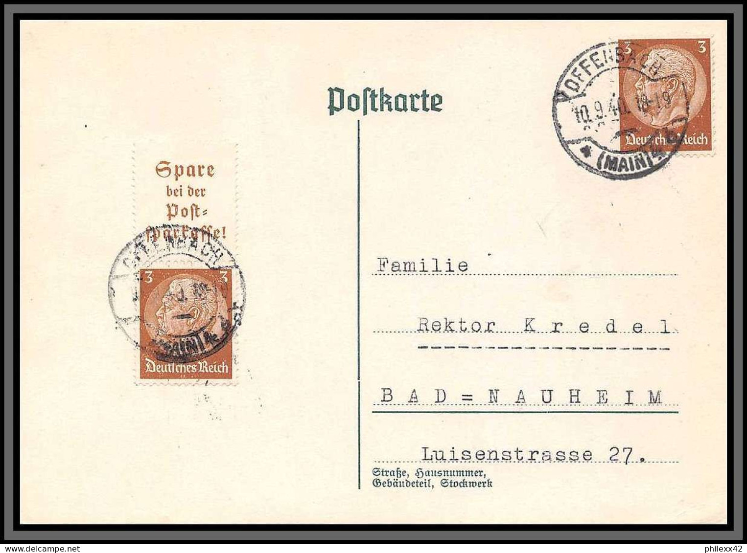 11484 Maréchal Hindenburg 1940 Offenbach Pour Bad Nauheim Carte Postale Postcard Allemagne Deutsches Reich  - Otros & Sin Clasificación