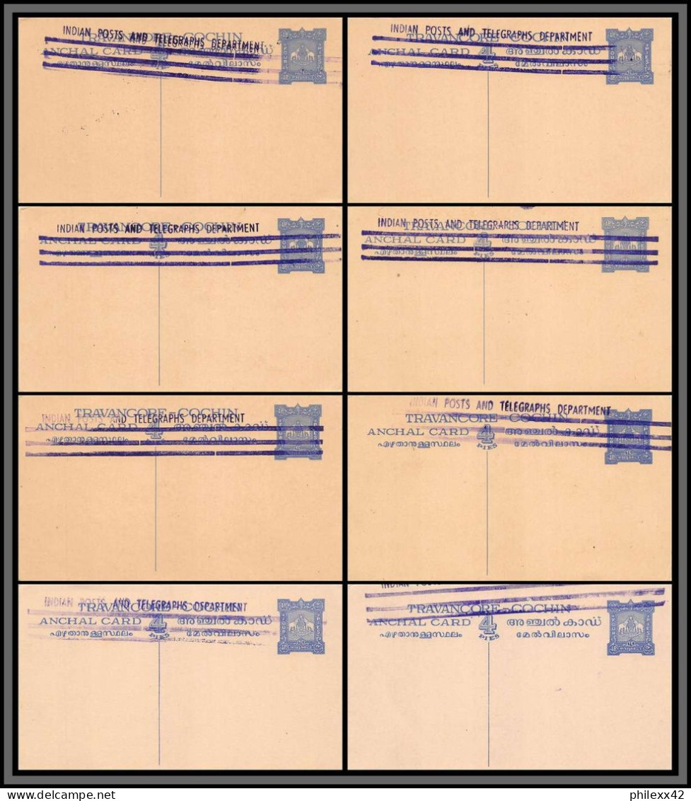 11613b 4 Pies Anchal Card 8 Different Overpint 3 Lignes Neuf TTB Travancore-Cochin Entier Stationery Postcard Inde India - Ansichtskarten