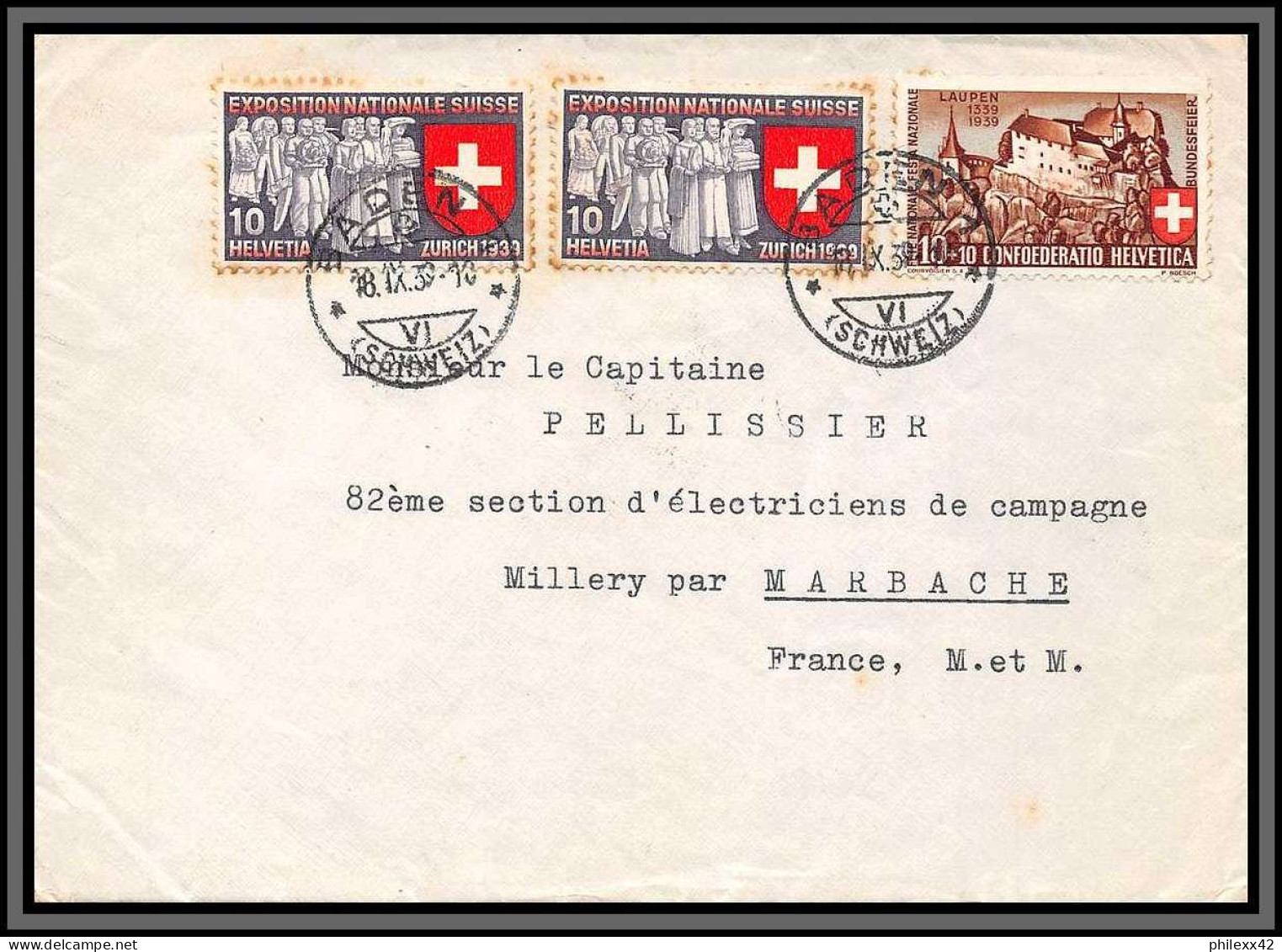 11447 EXPOSITION NATIONALE DE ZURICH 1939 Baden Pour Millery Lettre Cover Suisse Helvetia  - Lettres & Documents