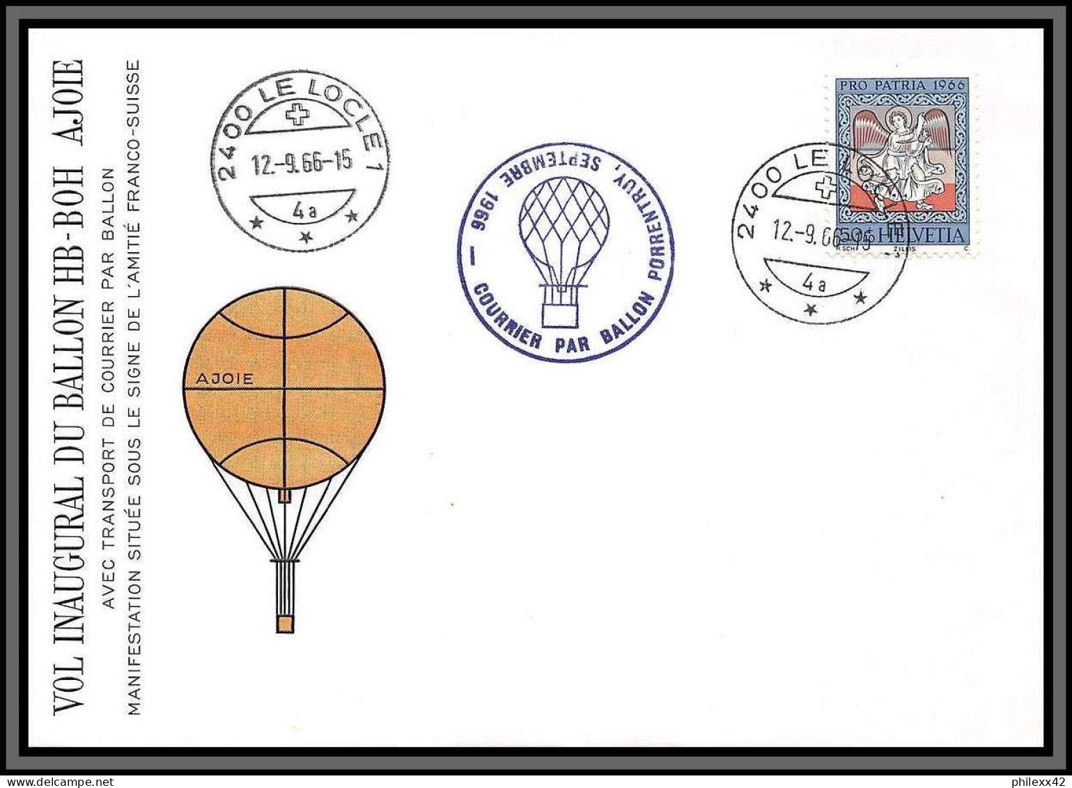 11446 Vol Inaugural Du Ballon HB BOH AJOIE 1966 FDC Lettre Cover Suisse Helvetia  - FDC