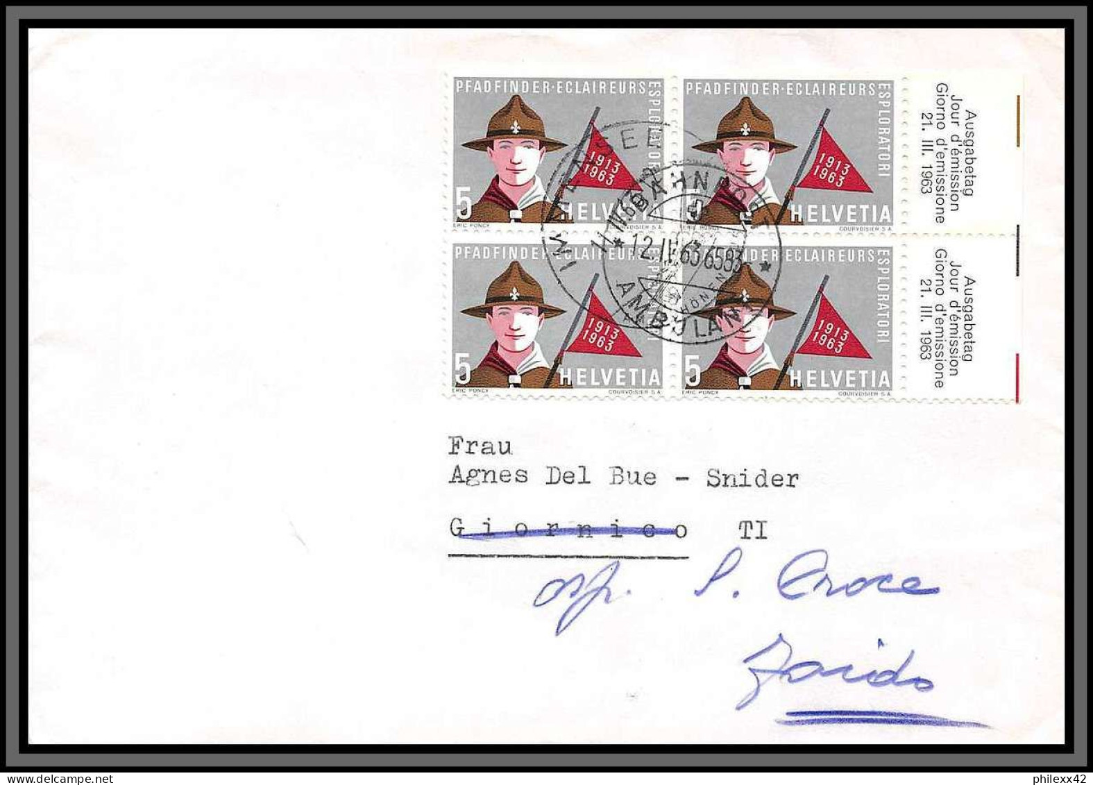 11435 Cinquantenaire De La Fédération Des Eclaireurs Suisses 21/3/1963 Lot De 3 Bloc 4 FDC Lettre Cover Suisse Helvetia  - FDC