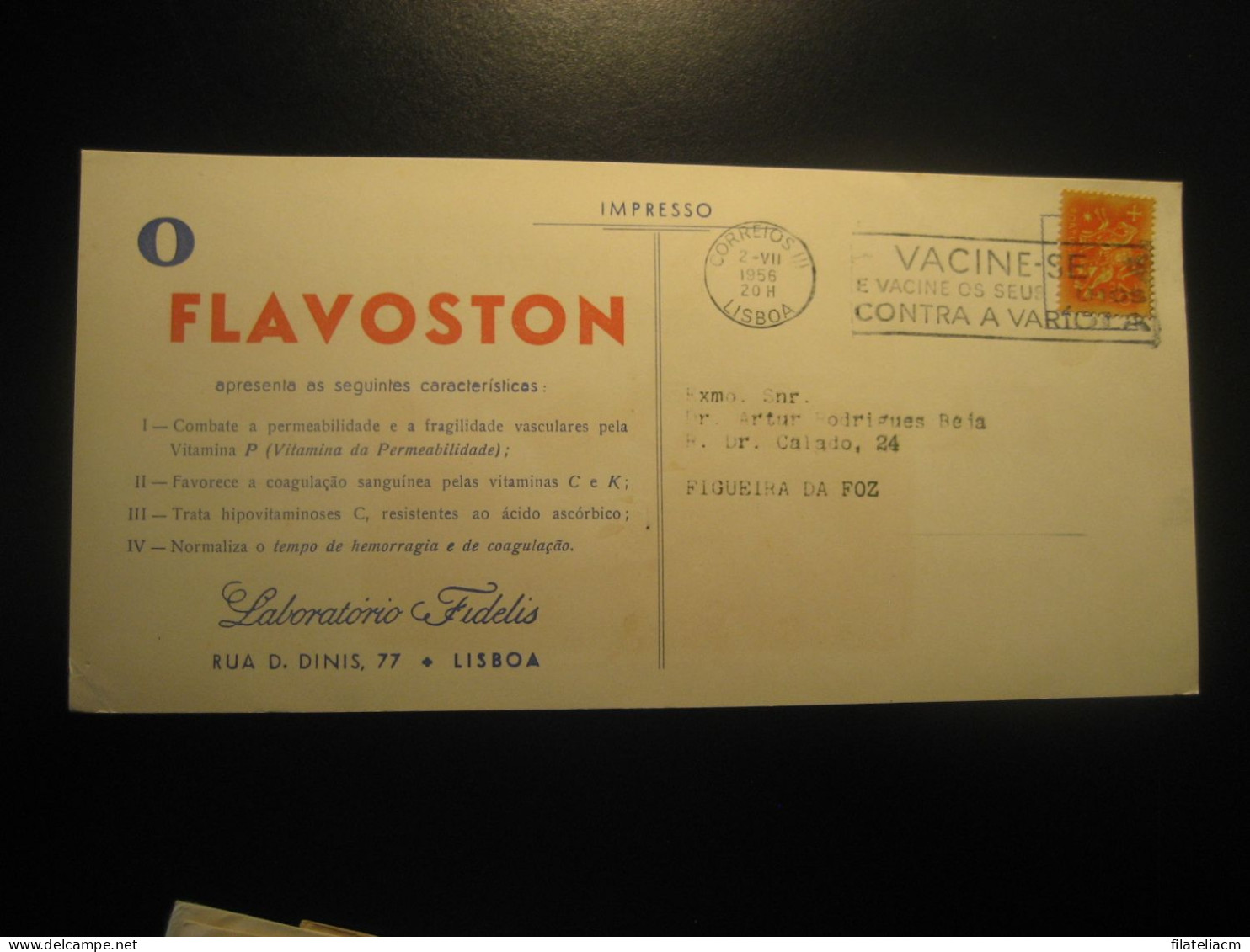 LISBOA 1956 To Figueira Da Foz Flavoston Fidelis Pharmacy Smallpox Vaccine Health Cancel Card PORTUGAL - Cartas & Documentos