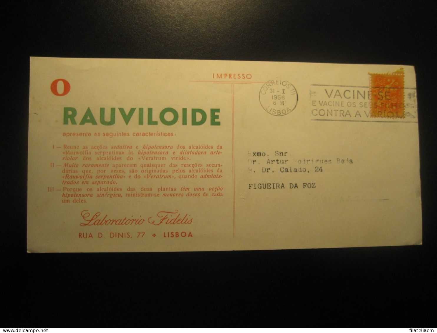 LISBOA 1956 To Figueira Da Foz Rauviloide Fidelis Pharmacy Smallpox Vaccine Health Cancel Card PORTUGAL - Storia Postale