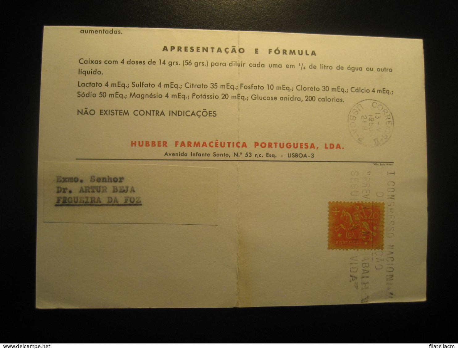 LISBOA 1955 To Figueira Da Foz Huberlitren Hubber Pharmacy Cancel Folded Card PORTUGAL - Covers & Documents